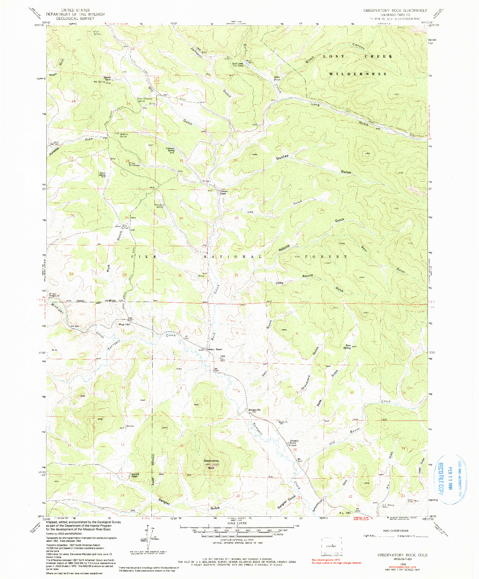 USGS 1:24000-SCALE QUADRANGLE FOR OBSERVATORY ROCK, CO 1958