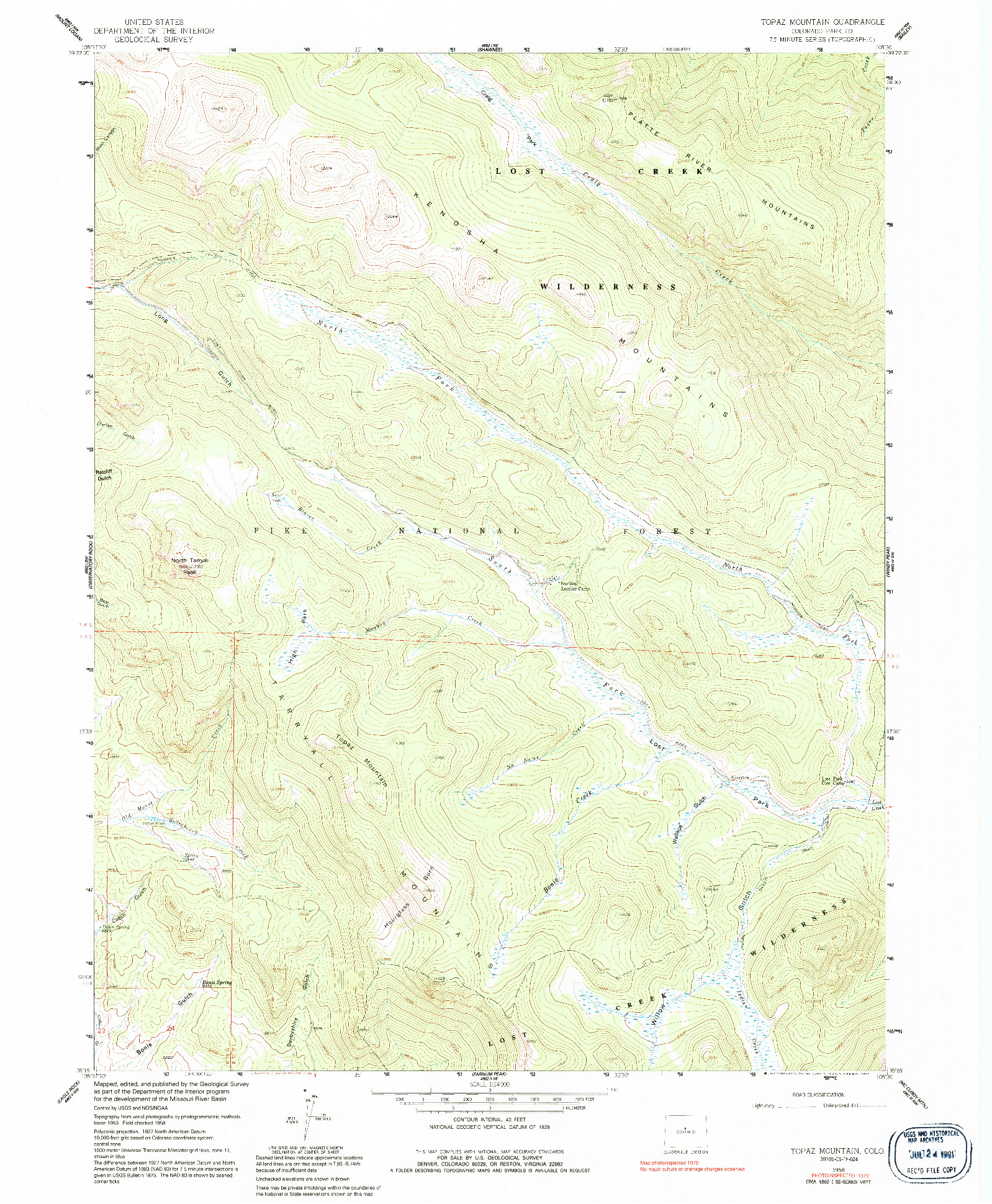 USGS 1:24000-SCALE QUADRANGLE FOR TOPAZ MOUNTAIN, CO 1958