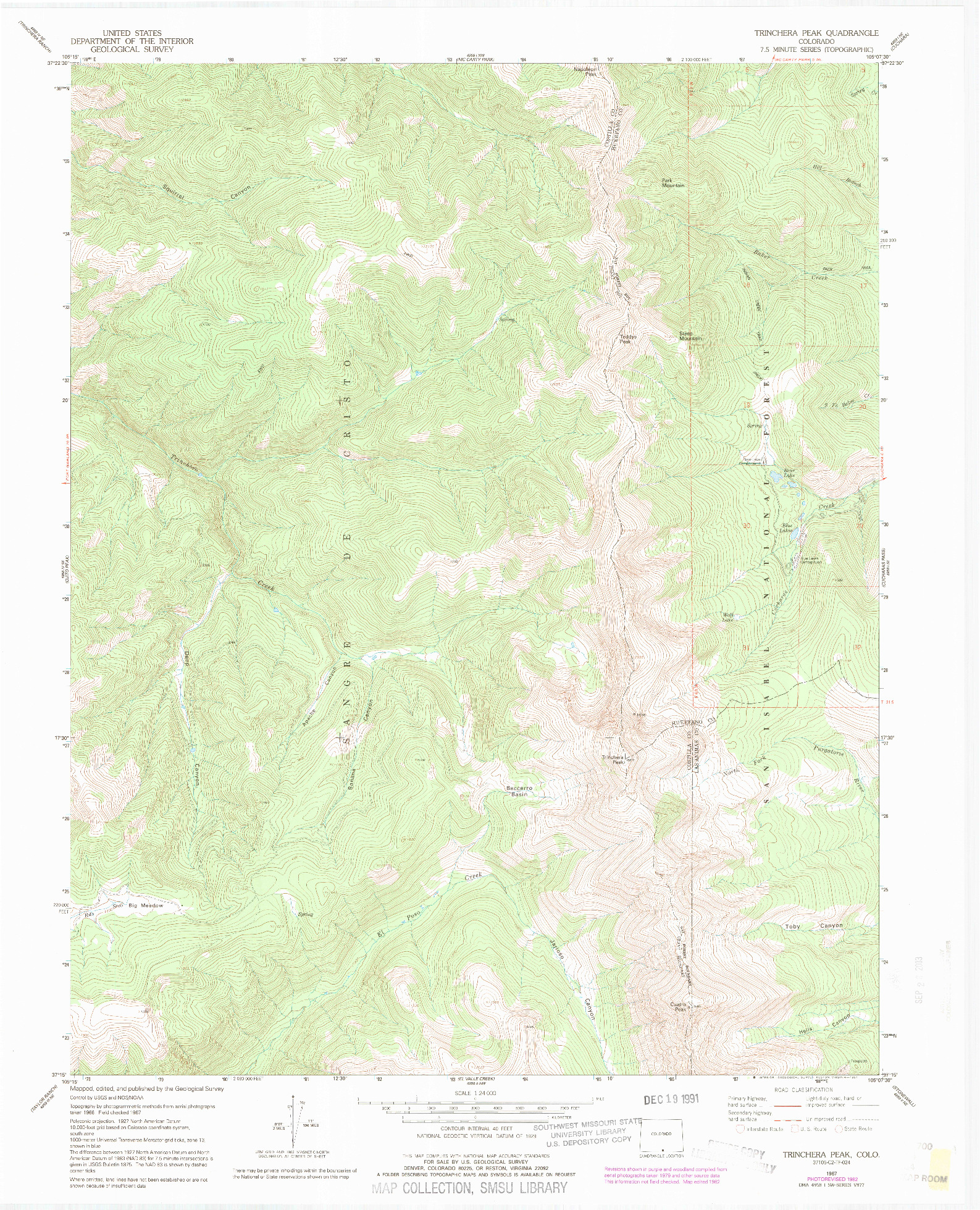 USGS 1:24000-SCALE QUADRANGLE FOR TRINCHERA PEAK, CO 1967