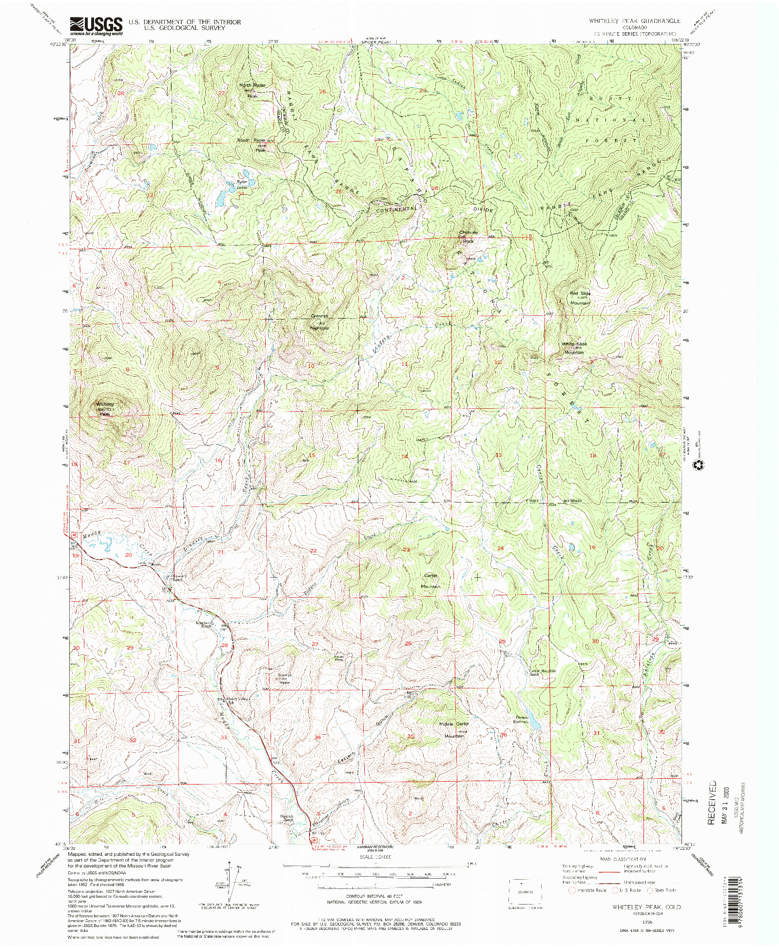 USGS 1:24000-SCALE QUADRANGLE FOR WHITELEY PEAK, CO 1956