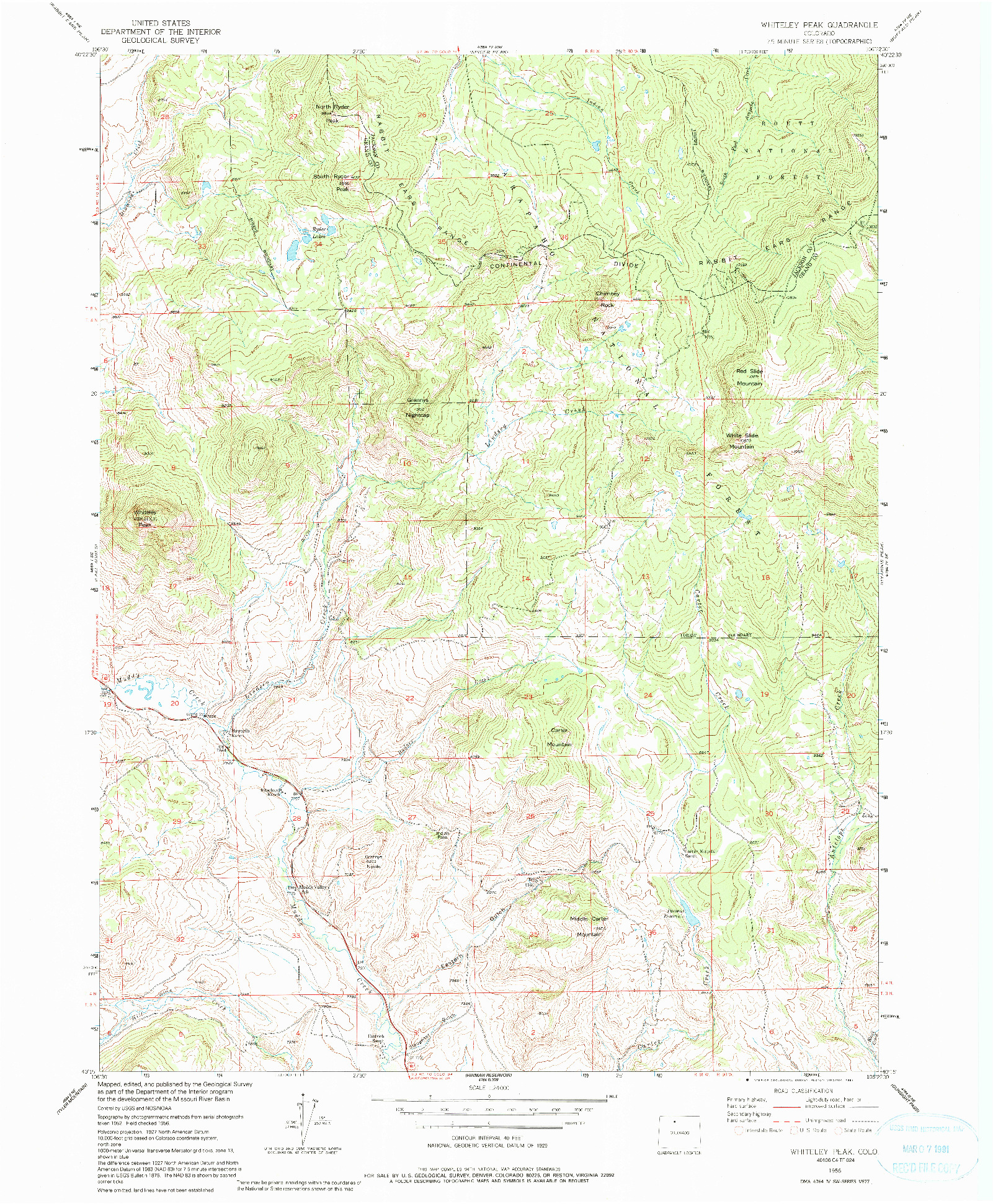 USGS 1:24000-SCALE QUADRANGLE FOR WHITELEY PEAK, CO 1956