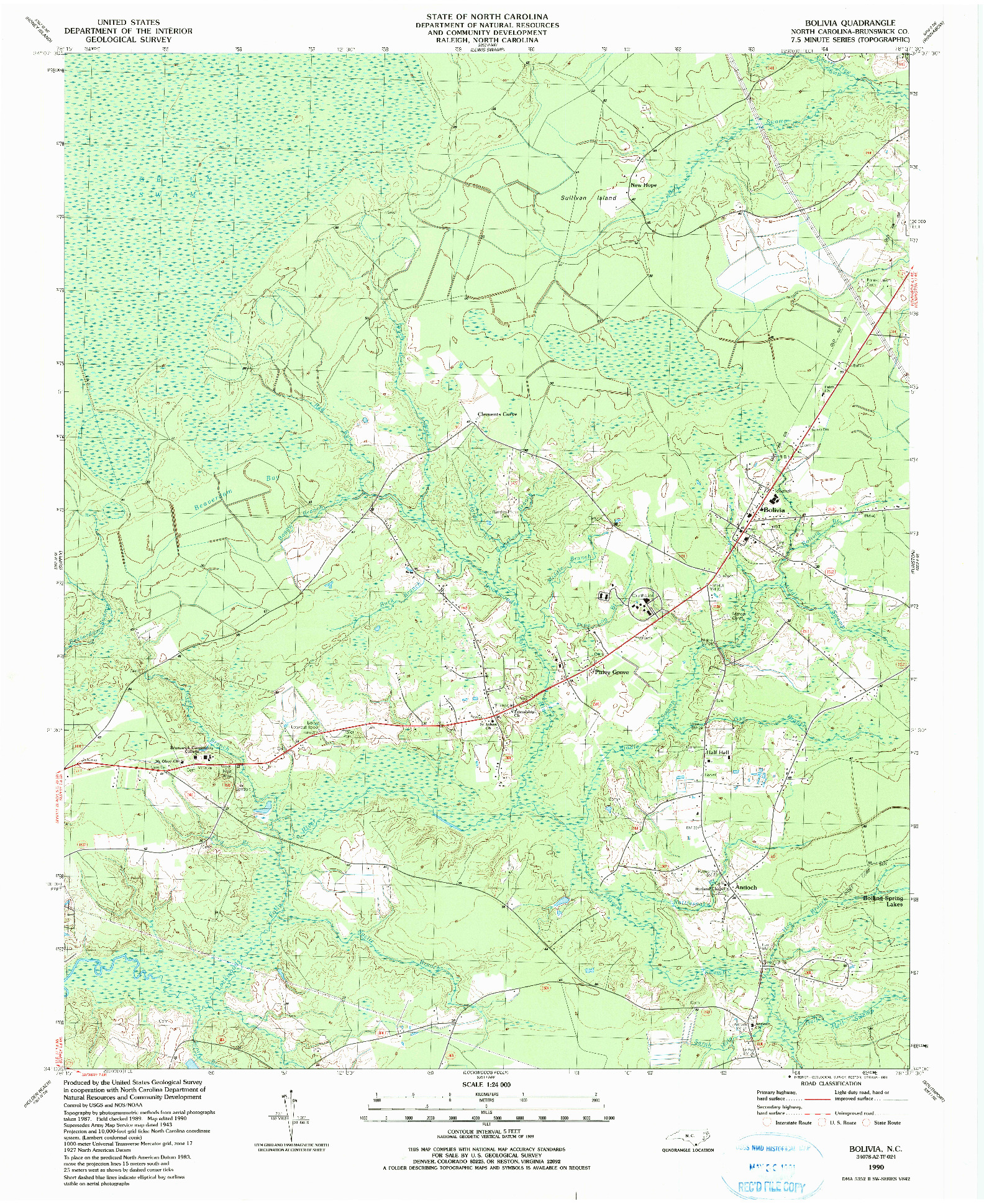 USGS 1:24000-SCALE QUADRANGLE FOR BOLIVIA, NC 1990