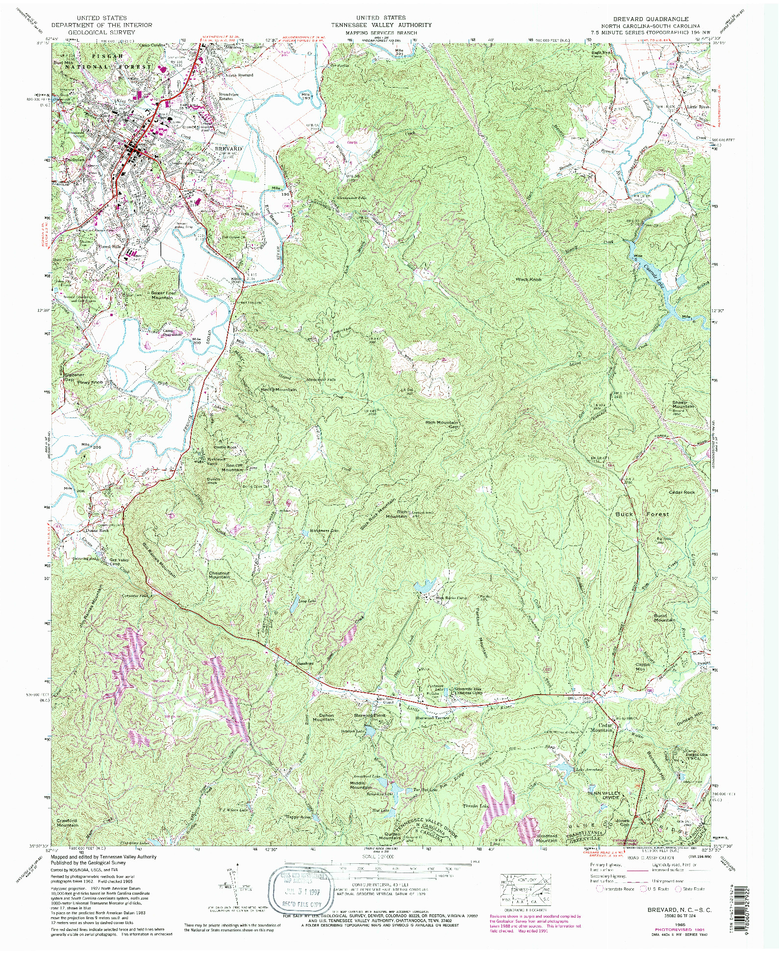 USGS 1:24000-SCALE QUADRANGLE FOR BREVARD, NC 1965