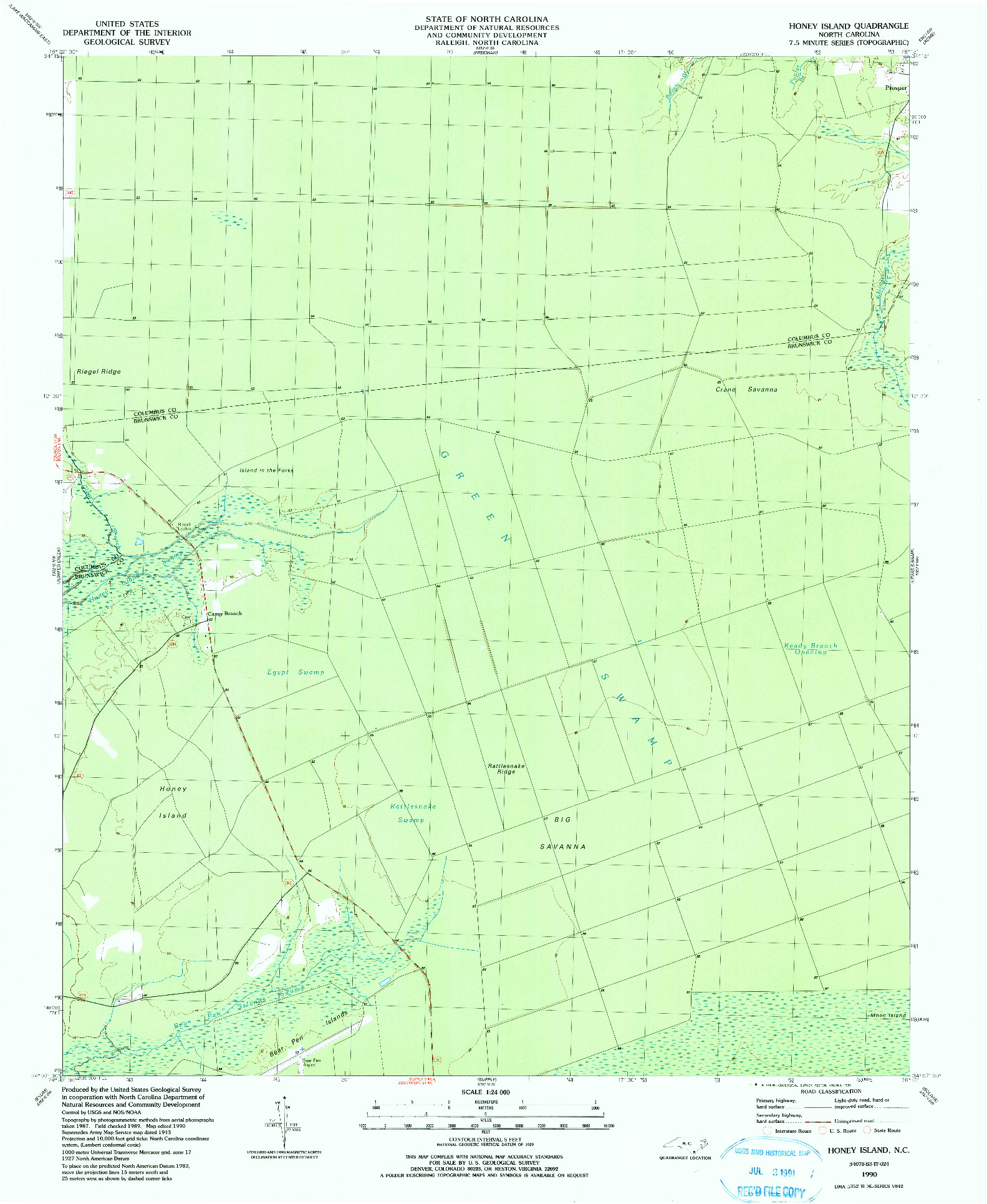 USGS 1:24000-SCALE QUADRANGLE FOR HONEY ISLAND, NC 1990