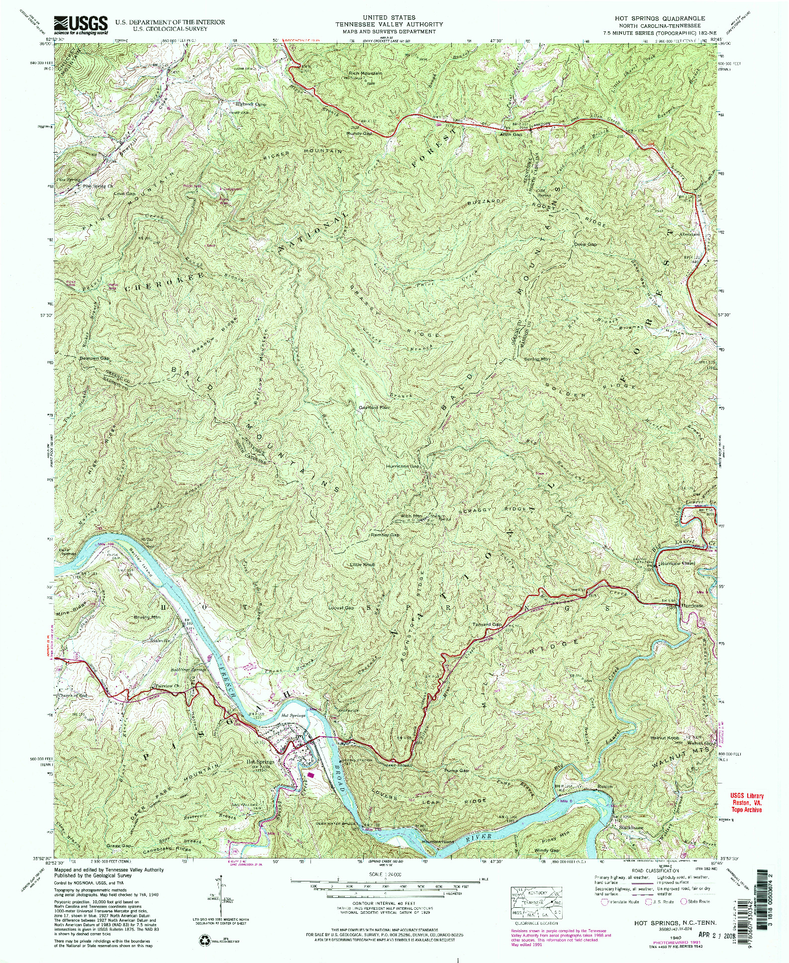 USGS 1:24000-SCALE QUADRANGLE FOR HOT SPRINGS, NC 1940