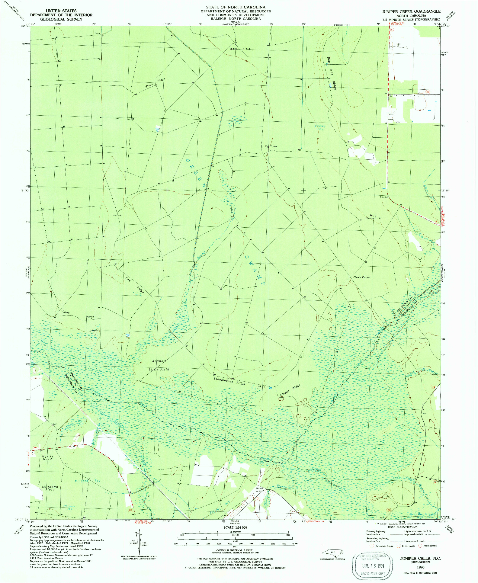 USGS 1:24000-SCALE QUADRANGLE FOR JUNIPER CREEK, NC 1990