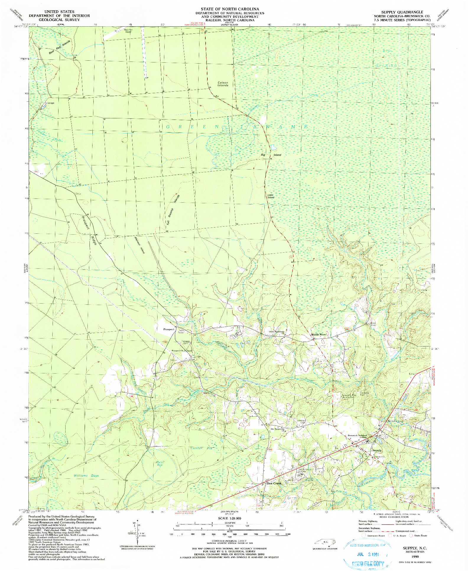 USGS 1:24000-SCALE QUADRANGLE FOR SUPPLY, NC 1990