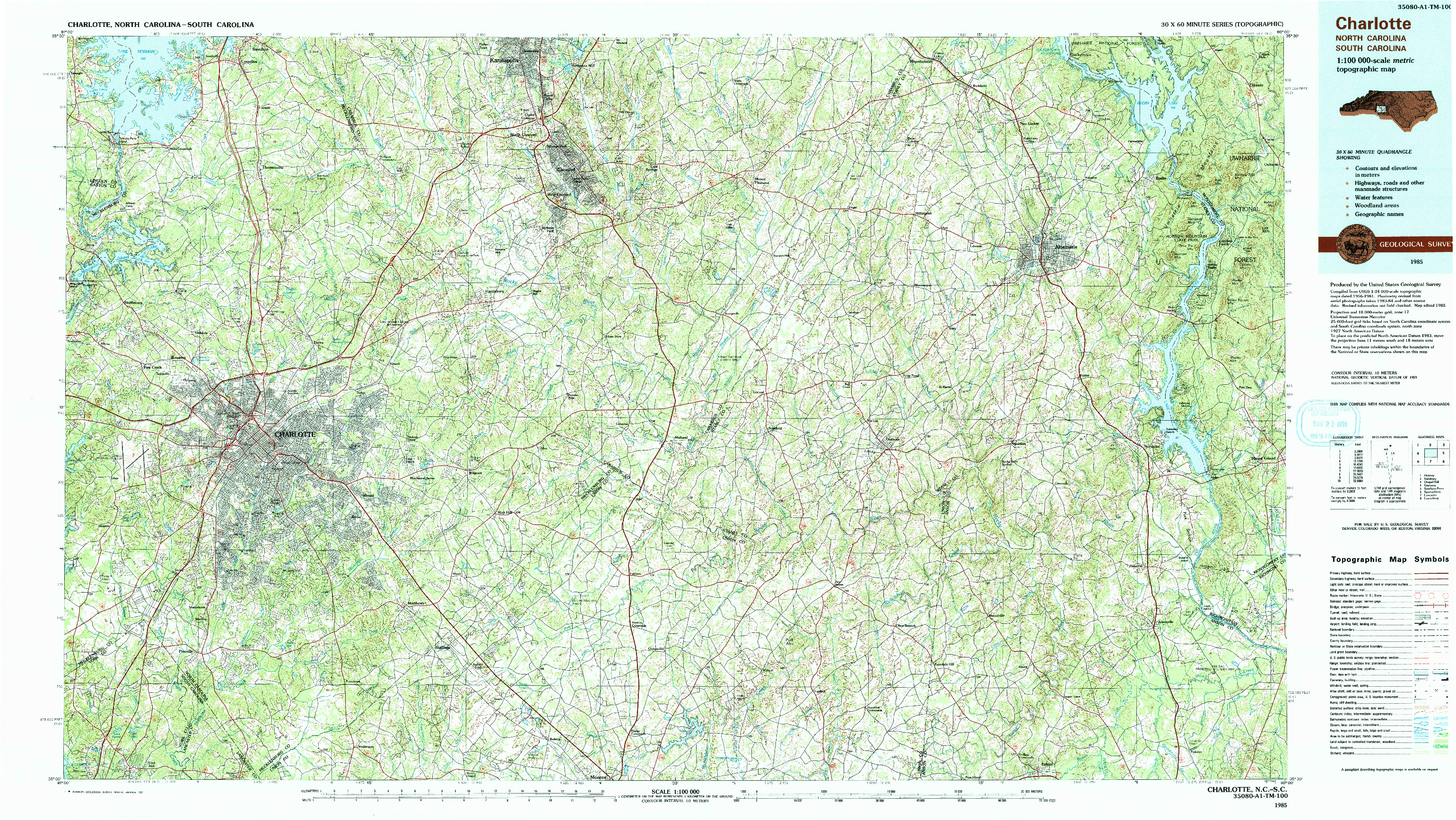 USGS 1:100000-SCALE QUADRANGLE FOR CHARLOTTE, NC 1985