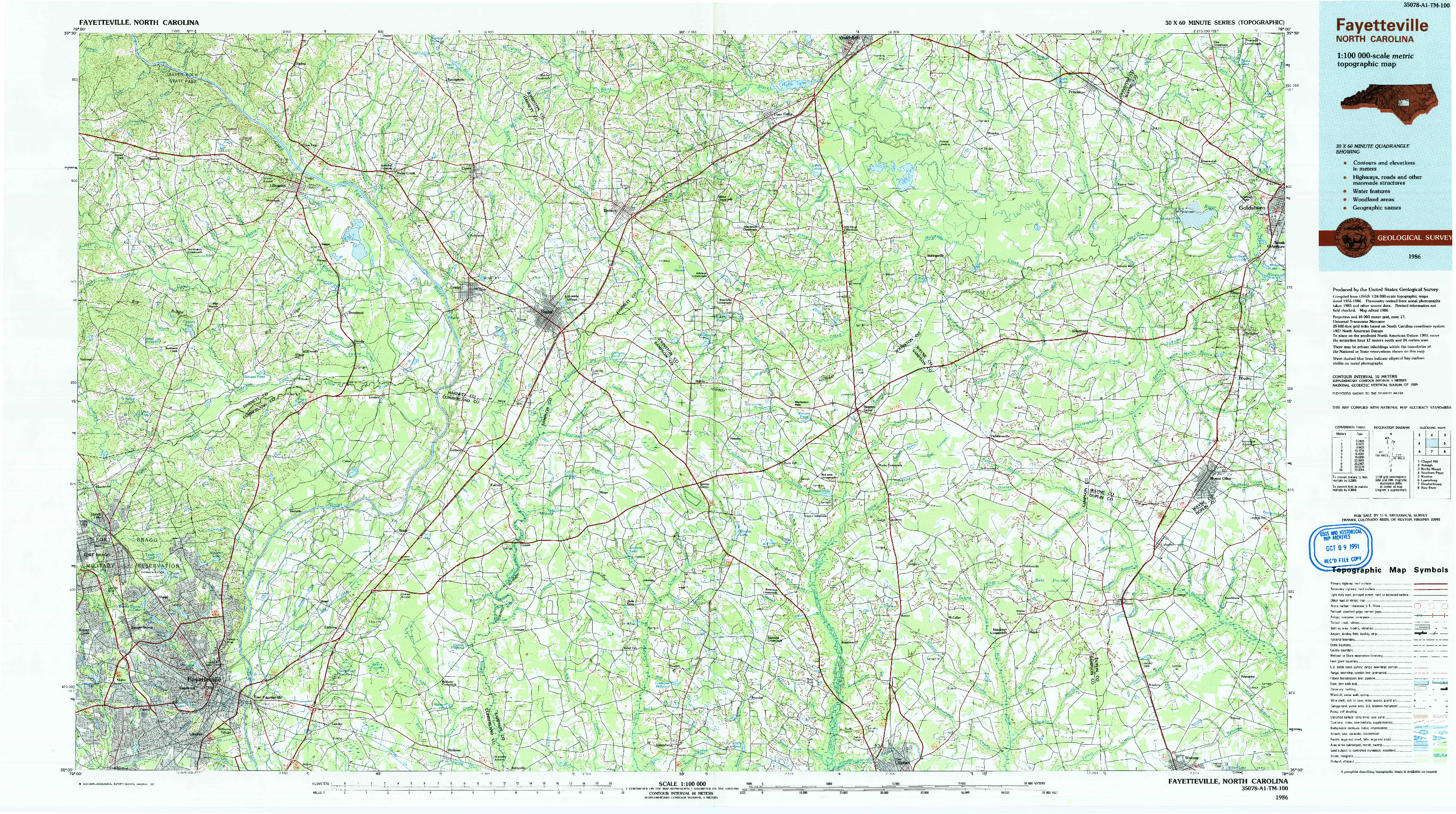 USGS 1:100000-SCALE QUADRANGLE FOR FAYETTEVILLE, NC 1986