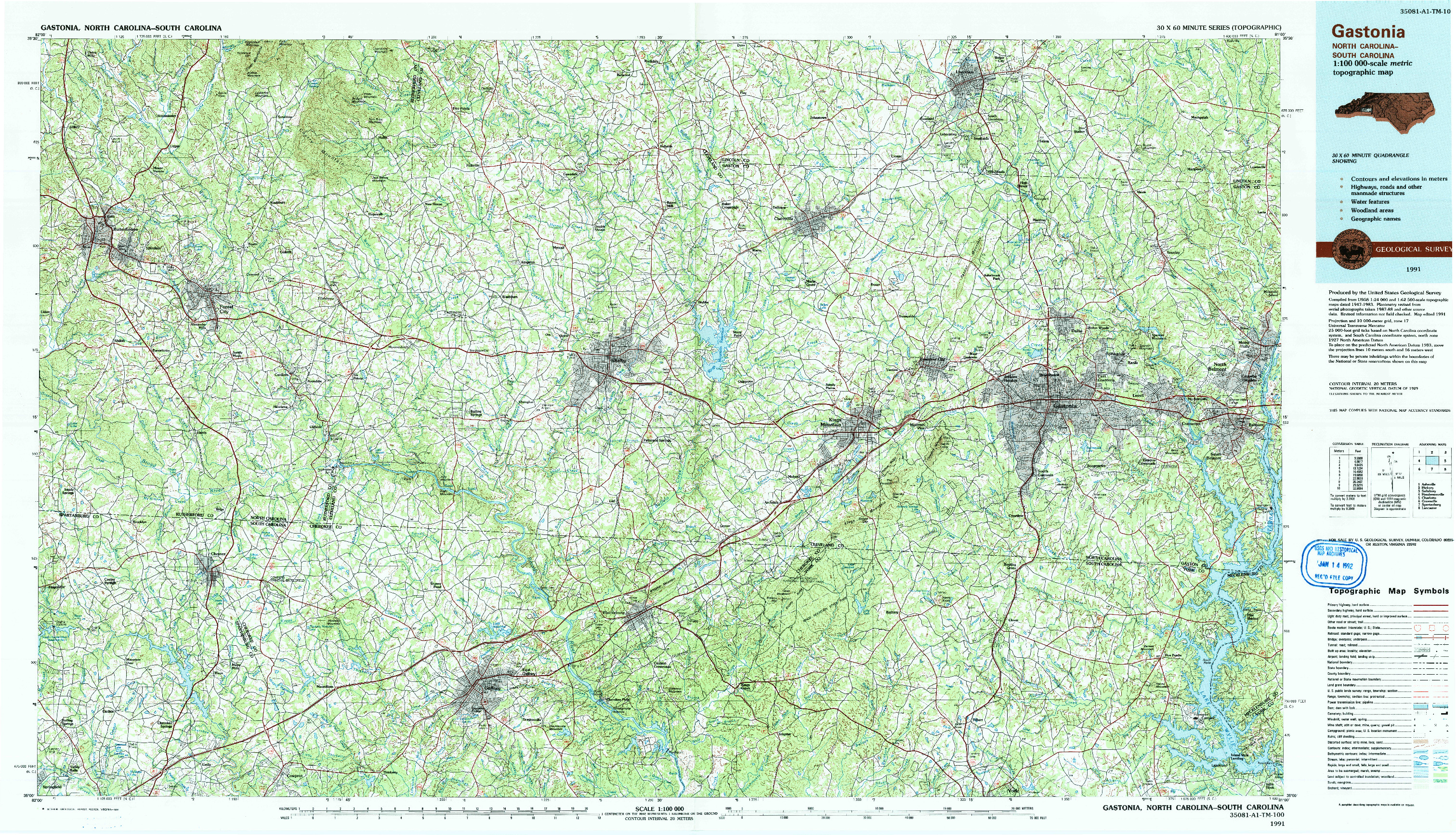 USGS 1:100000-SCALE QUADRANGLE FOR GASTONIA, NC 1991