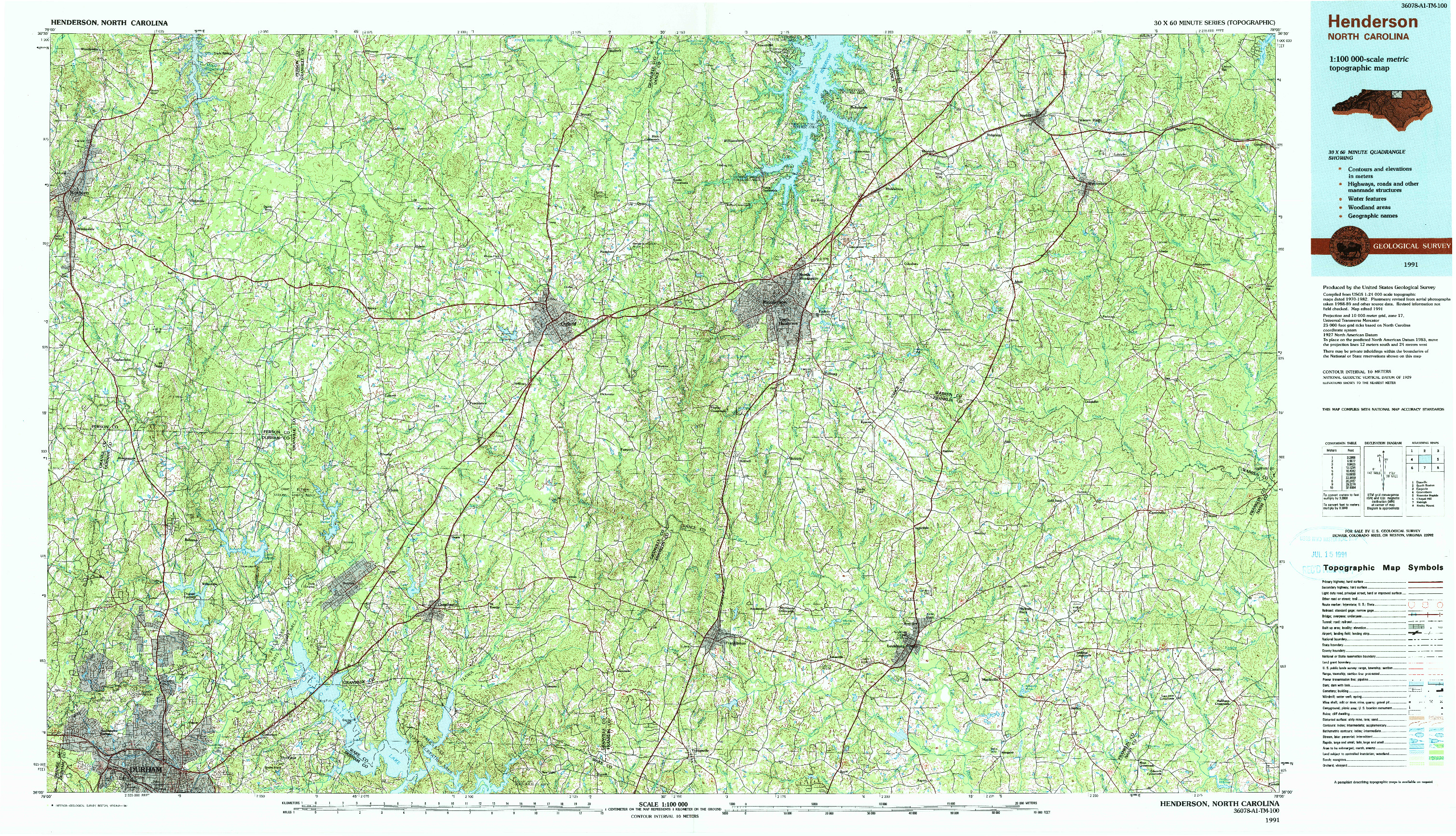 USGS 1:100000-SCALE QUADRANGLE FOR HENDERSON, NC 1991