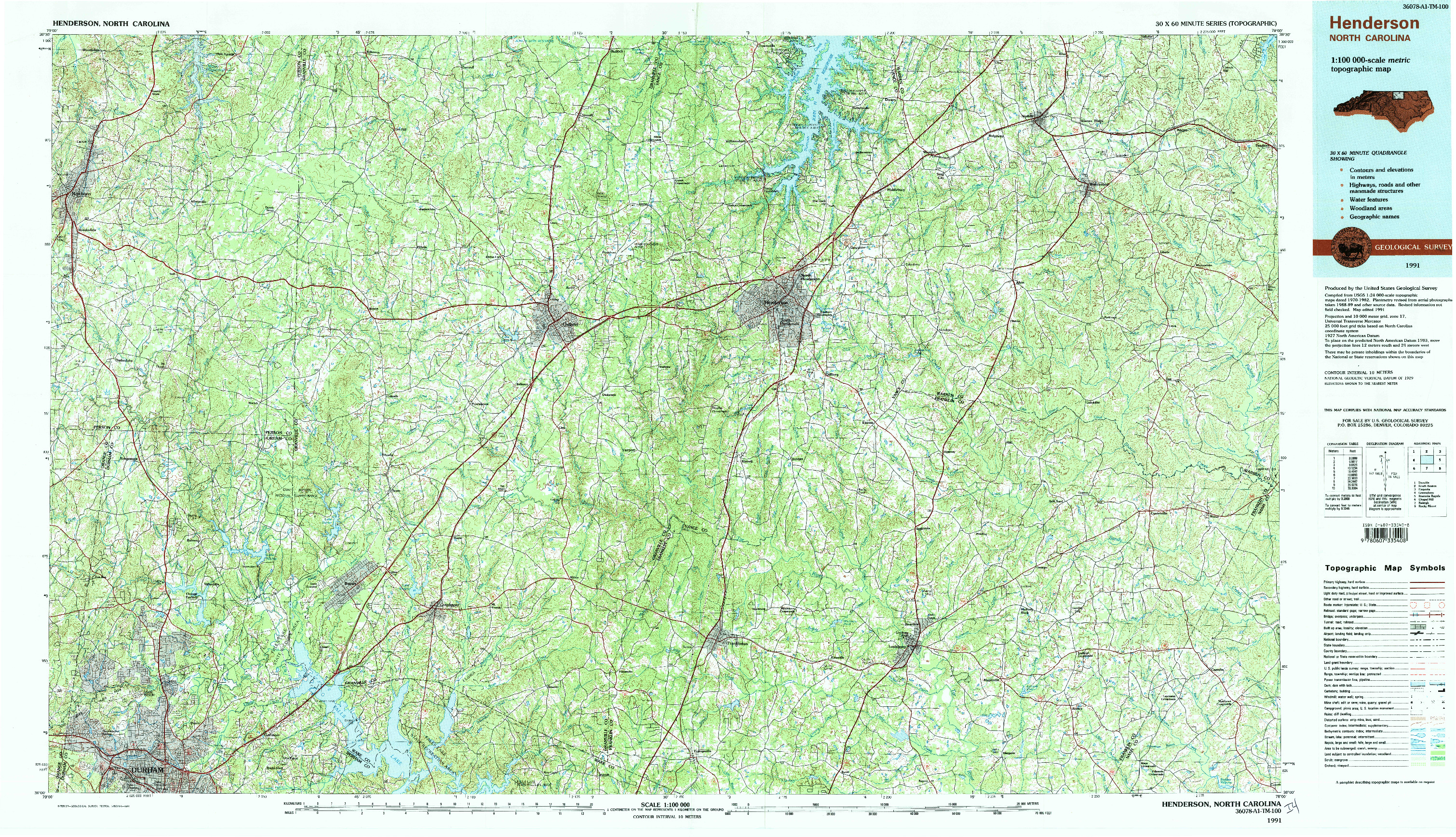 USGS 1:100000-SCALE QUADRANGLE FOR HENDERSON, NC 1991