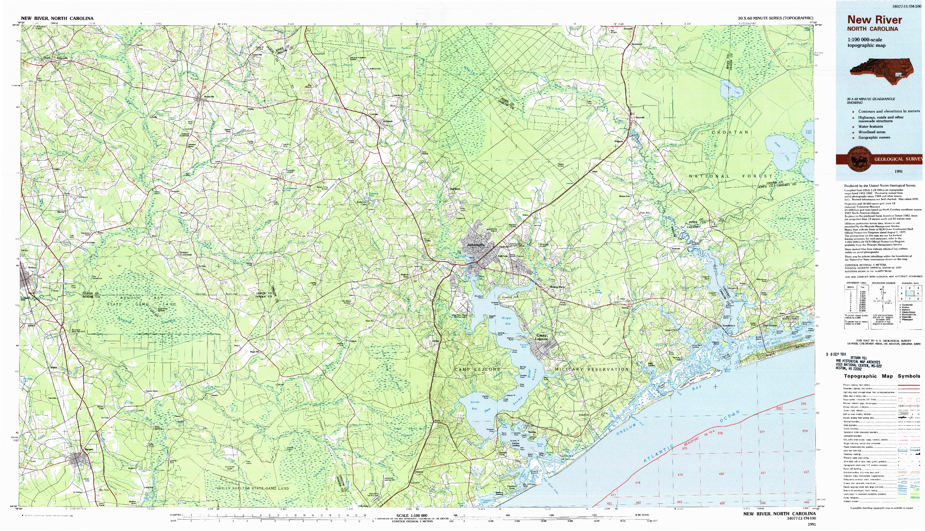 USGS 1:100000-SCALE QUADRANGLE FOR NEW RIVER, NC 1991