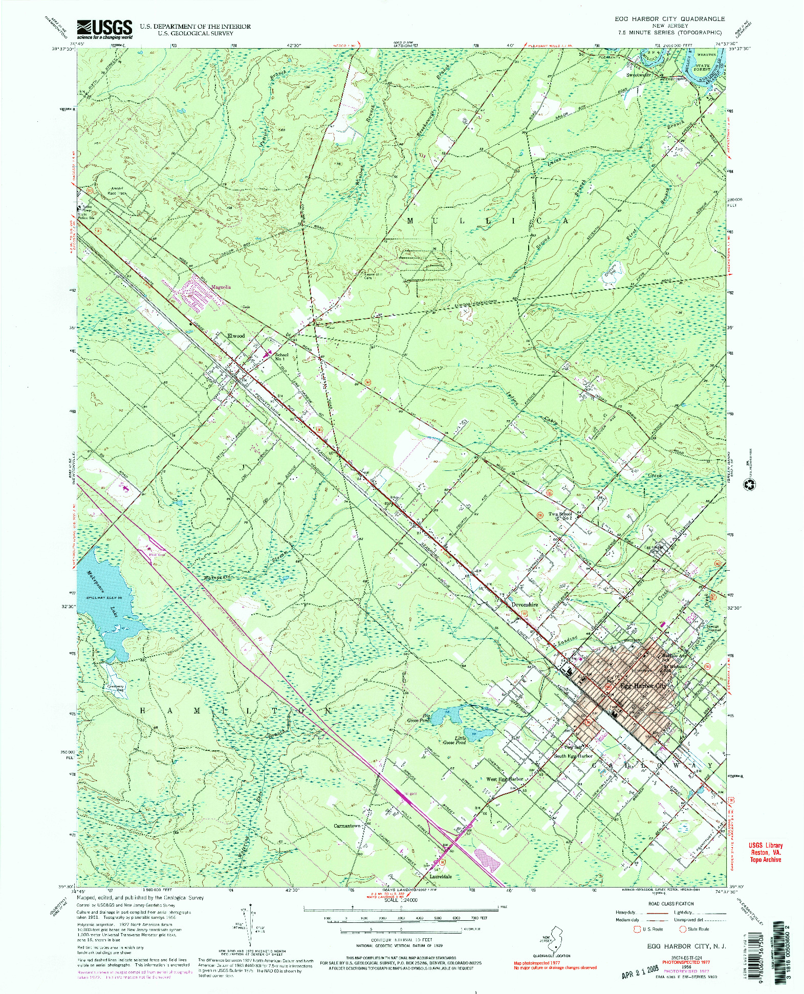 USGS 1:24000-SCALE QUADRANGLE FOR EGG HARBOR CITY, NJ 1956