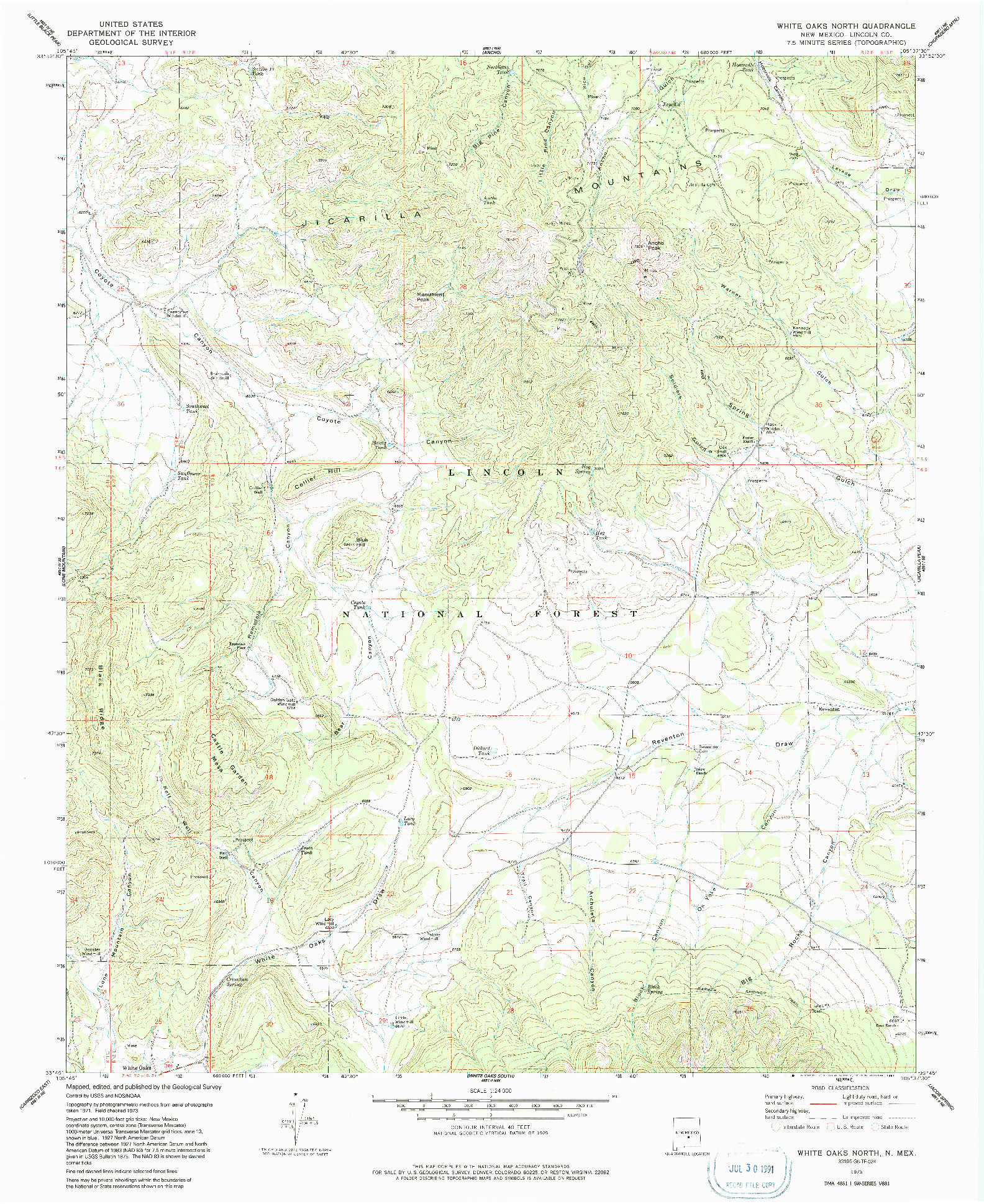 USGS 1:24000-SCALE QUADRANGLE FOR WHITE OAKS NORTH, NM 1973