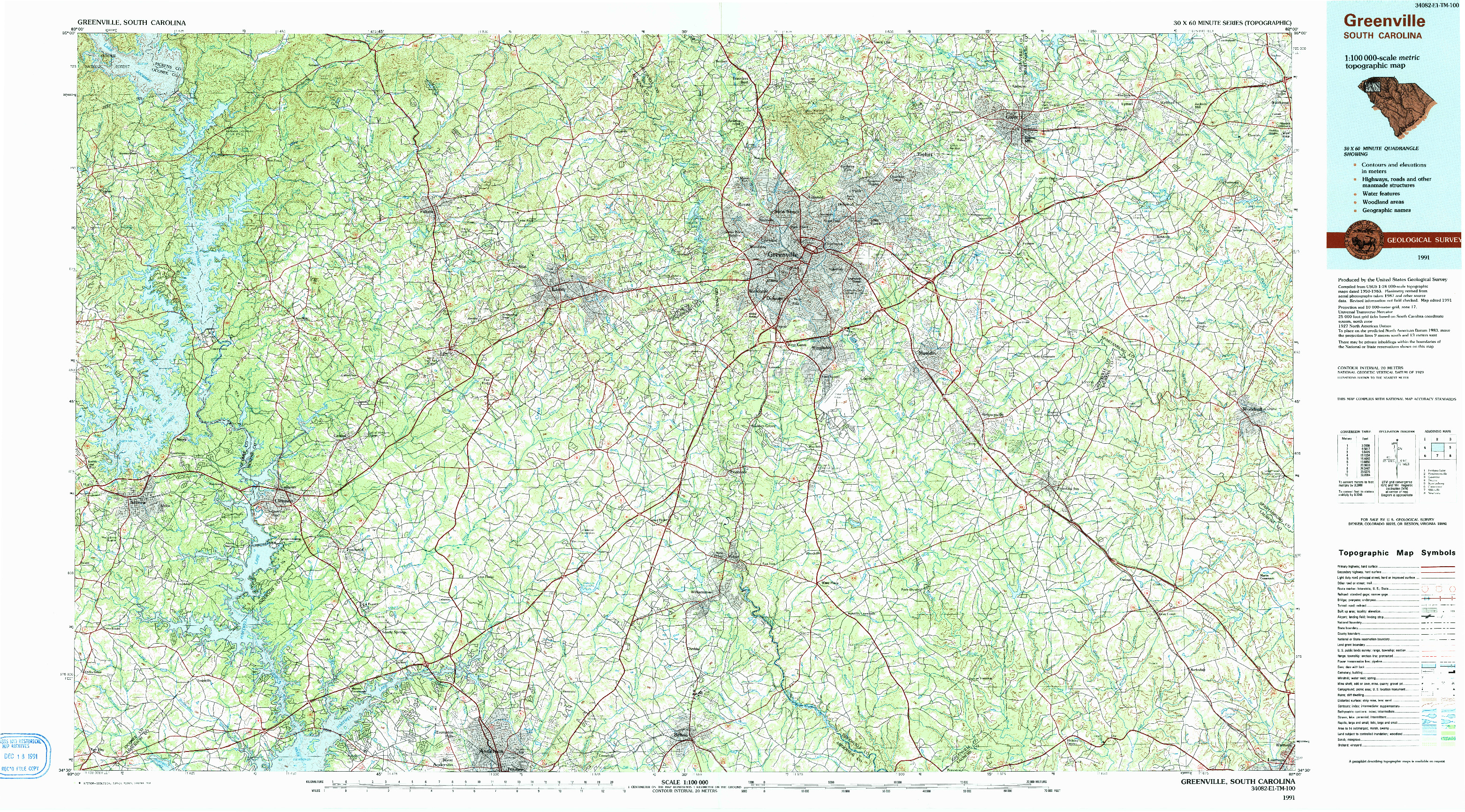 USGS 1:100000-SCALE QUADRANGLE FOR GREENVILLE, SC 1991