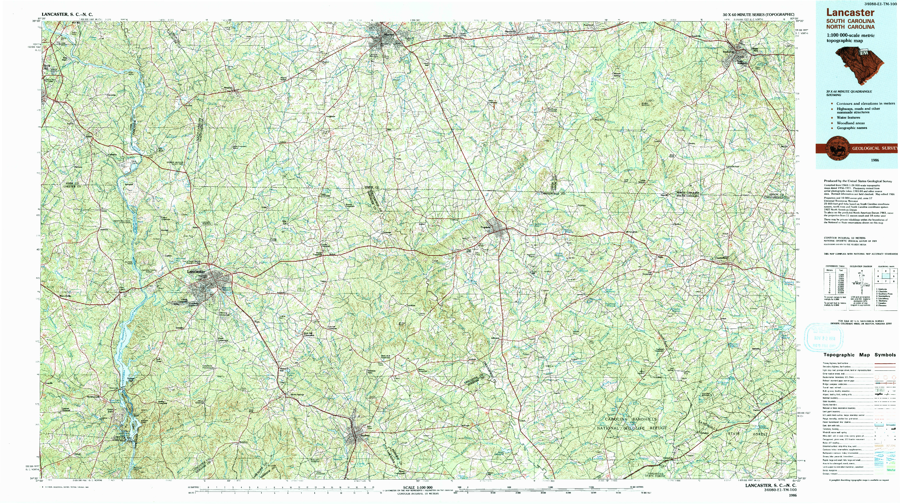 USGS 1:100000-SCALE QUADRANGLE FOR LANCASTER, SC 1986