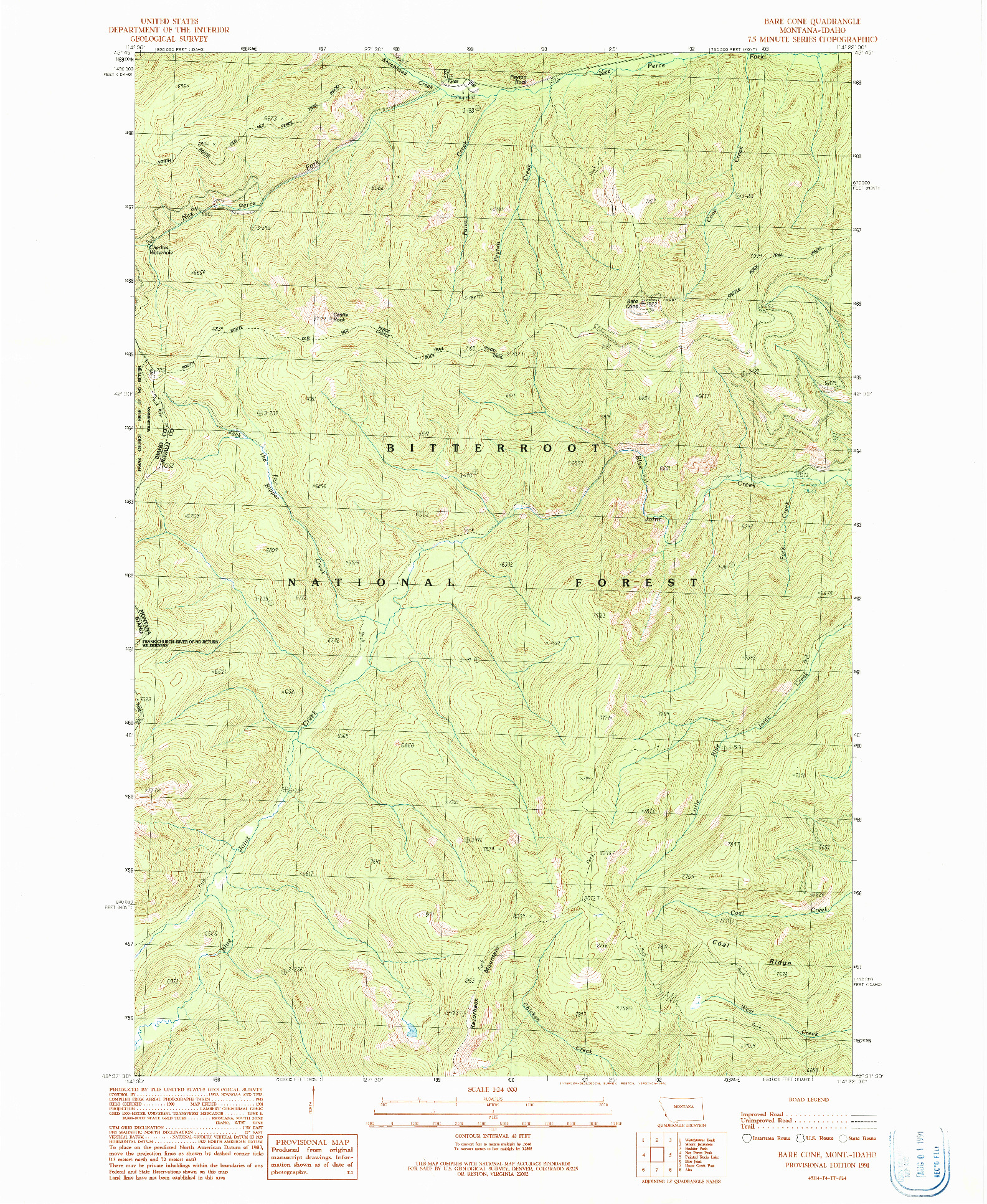 USGS 1:24000-SCALE QUADRANGLE FOR BARE CONE, MT 1991