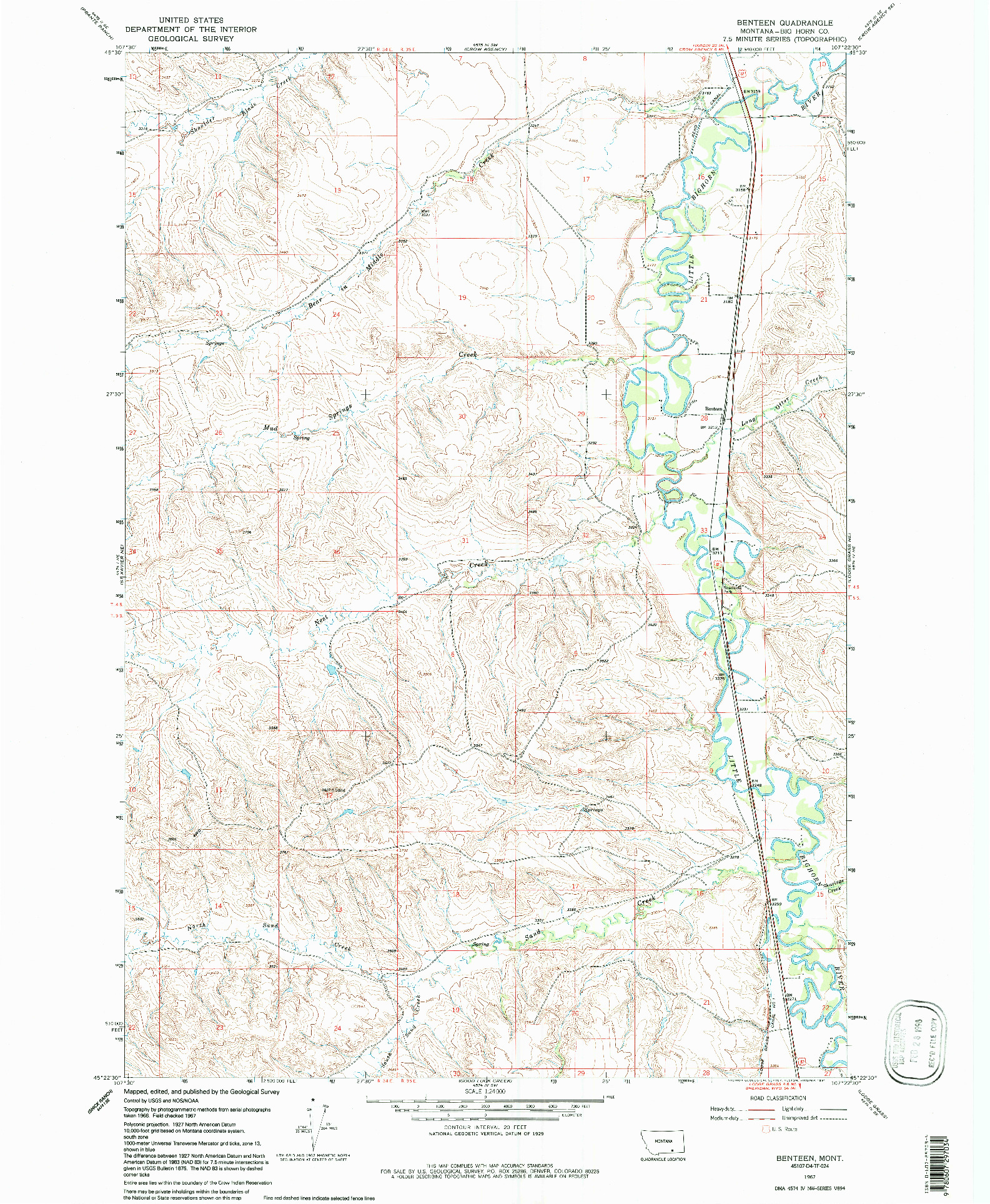 USGS 1:24000-SCALE QUADRANGLE FOR BENTEEN, MT 1967