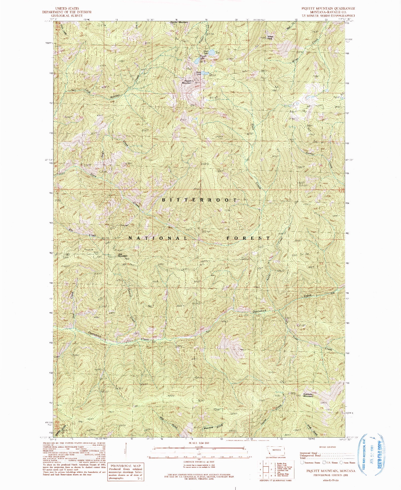 USGS 1:24000-SCALE QUADRANGLE FOR PIQUETT MOUNTAIN, MT 1991