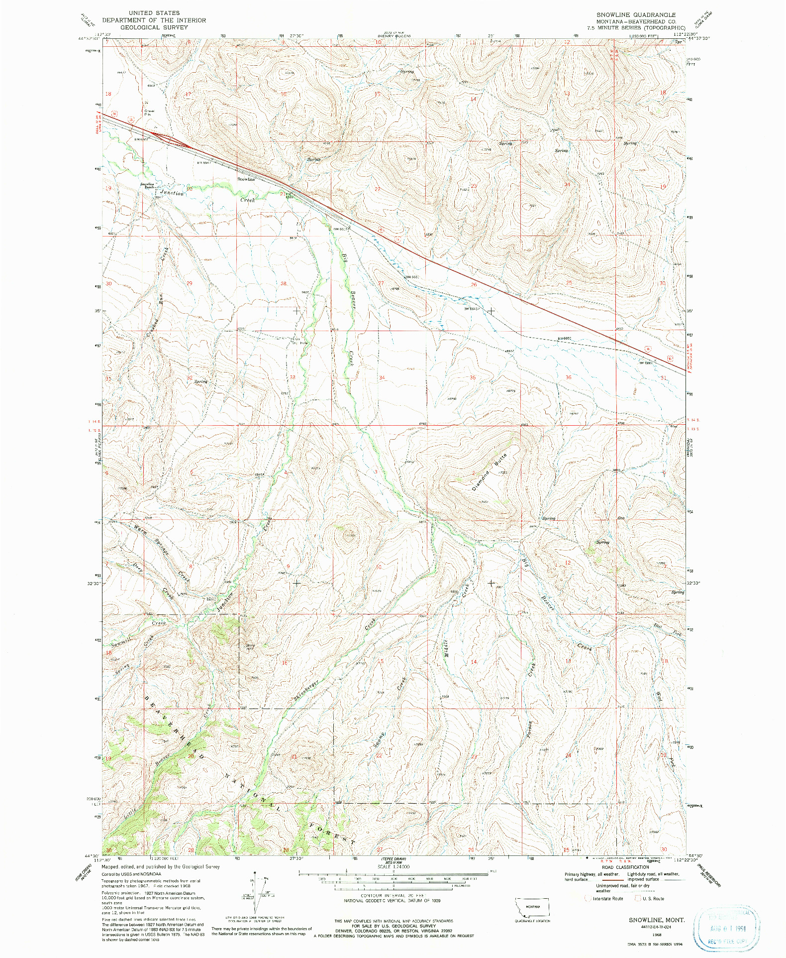 USGS 1:24000-SCALE QUADRANGLE FOR SNOWLINE, MT 1968