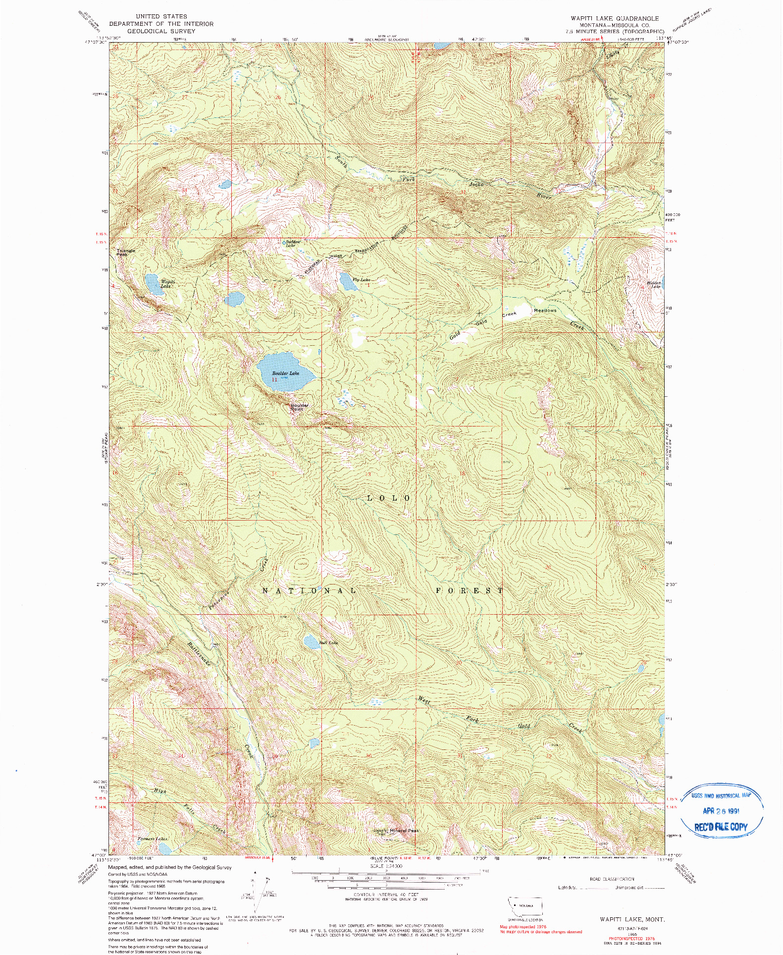USGS 1:24000-SCALE QUADRANGLE FOR WAPITI LAKE, MT 1965