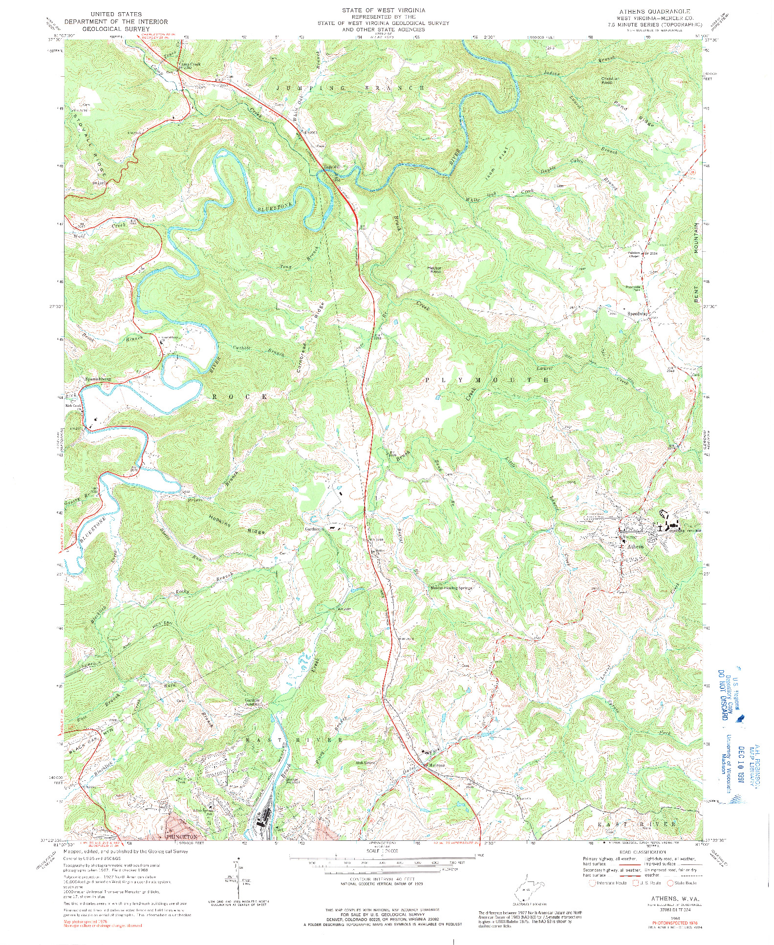 USGS 1:24000-SCALE QUADRANGLE FOR ATHENS, WV 1968