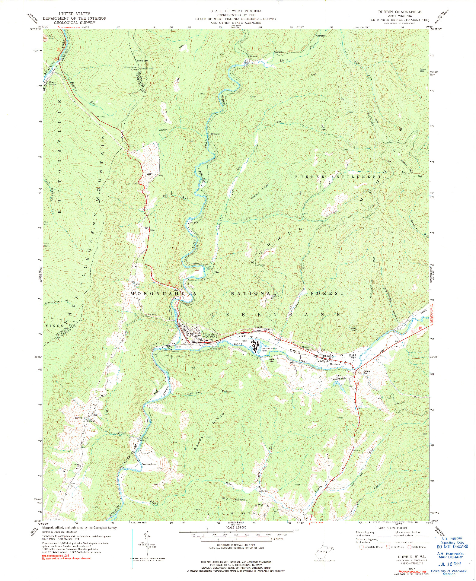 USGS 1:24000-SCALE QUADRANGLE FOR DURBIN, WV 1977