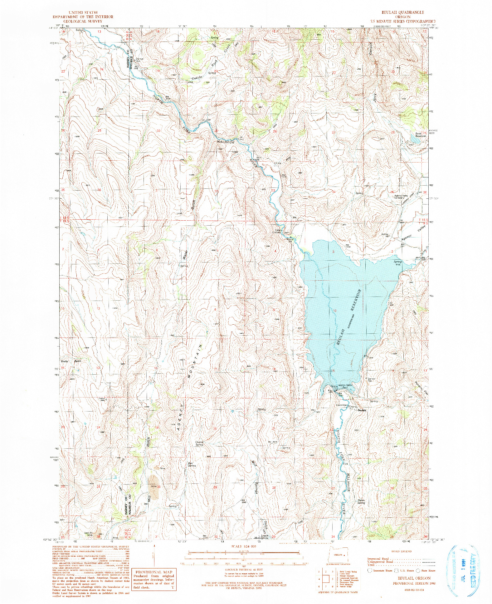 USGS 1:24000-SCALE QUADRANGLE FOR BEULAH, OR 1990