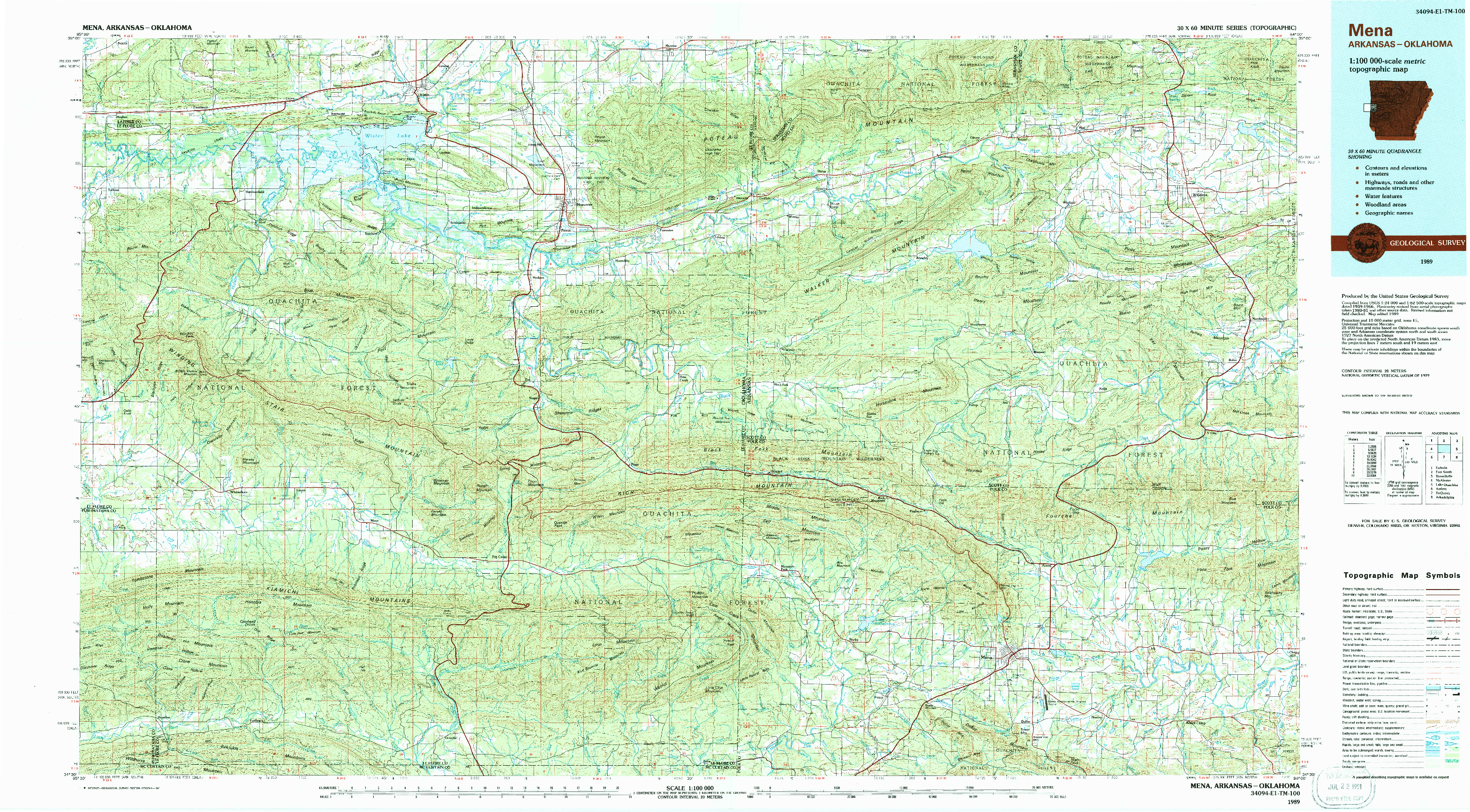 USGS 1:100000-SCALE QUADRANGLE FOR MENA, AR 1989