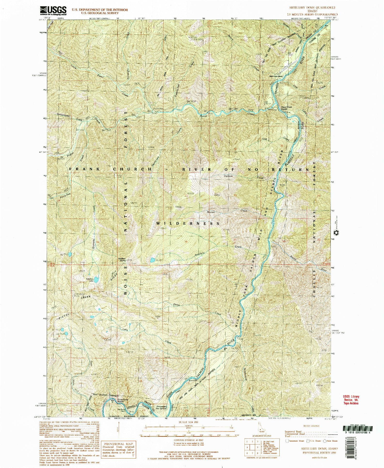 USGS 1:24000-SCALE QUADRANGLE FOR ARTILLERY DOME, ID 1990