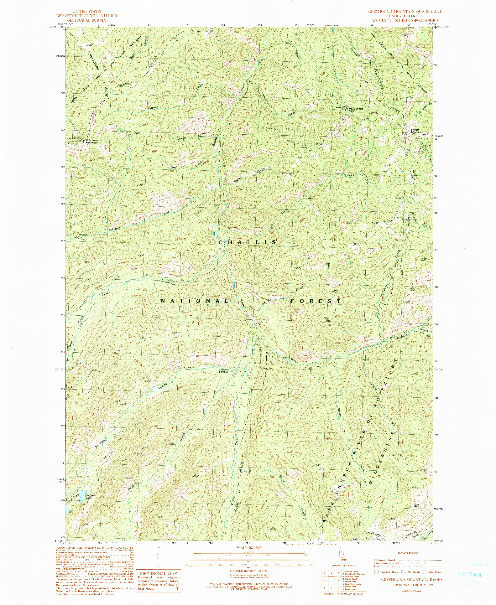 USGS 1:24000-SCALE QUADRANGLE FOR GREYHOUND MOUNTAIN, ID 1990