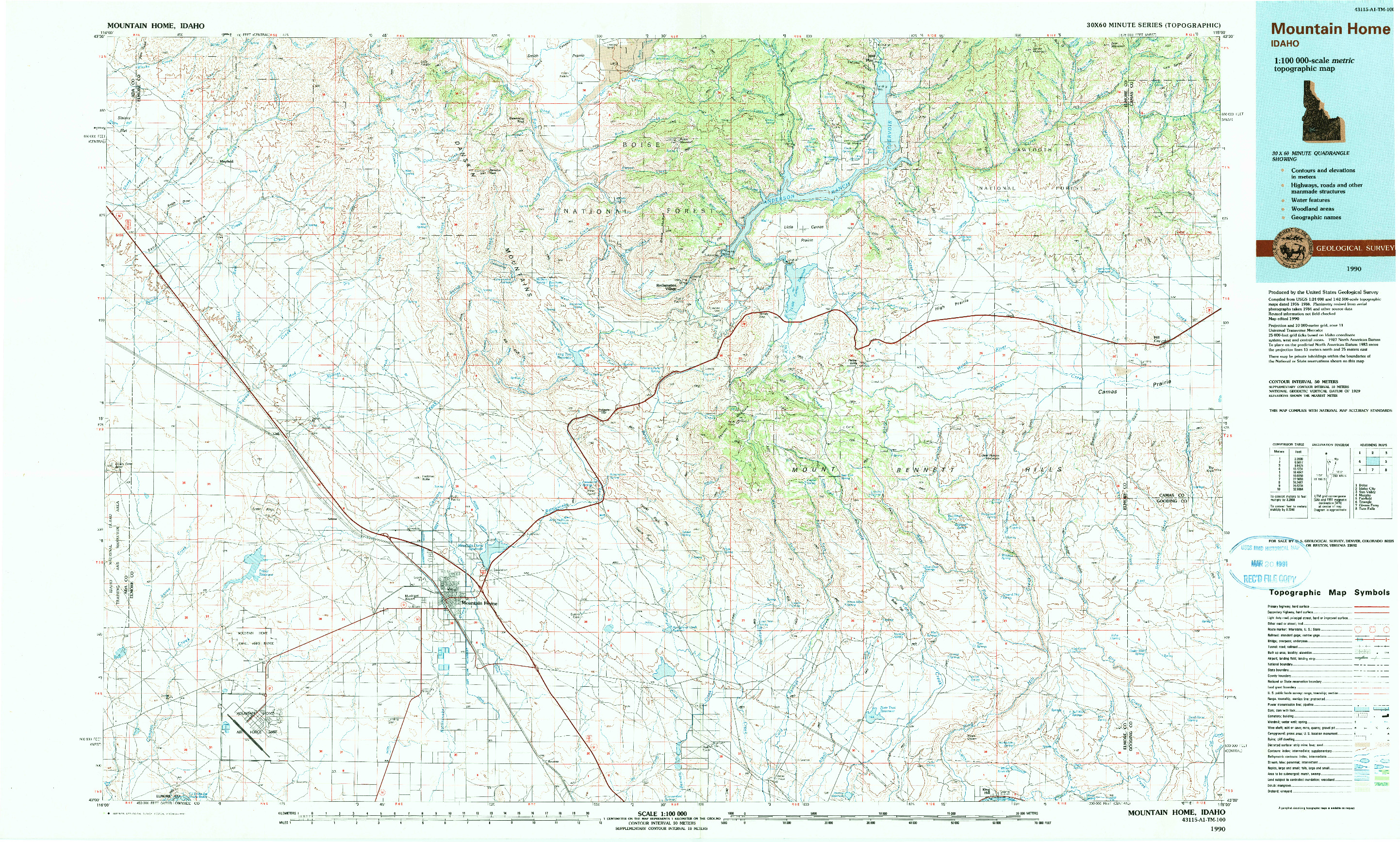 USGS 1:100000-SCALE QUADRANGLE FOR MOUNTAIN HOME, ID 1990