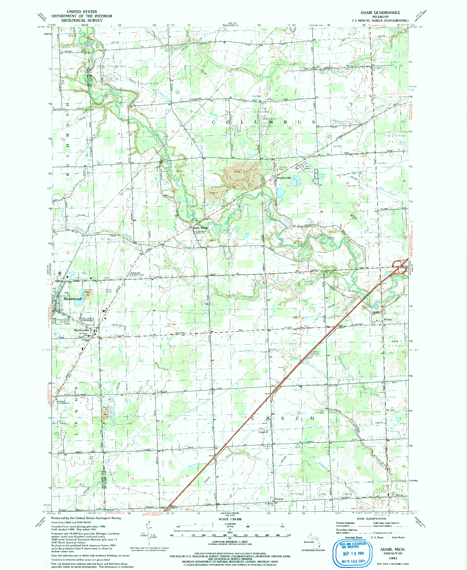 USGS 1:24000-SCALE QUADRANGLE FOR ADAIR, MI 1991
