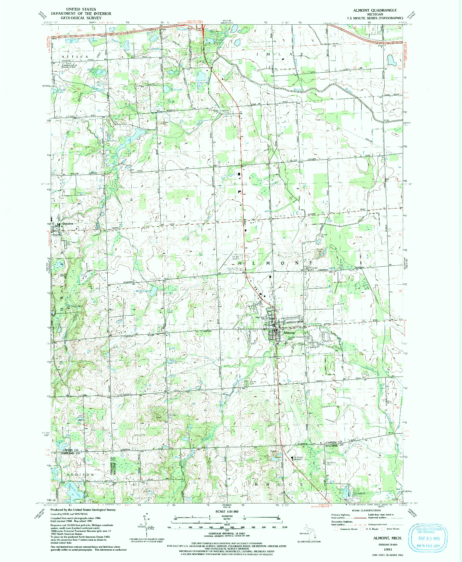 USGS 1:24000-SCALE QUADRANGLE FOR ALMONT, MI 1991