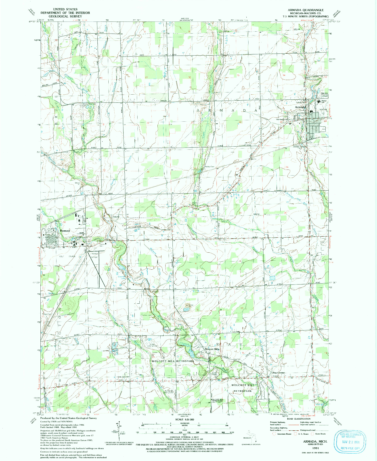 USGS 1:24000-SCALE QUADRANGLE FOR ARMADA, MI 1991