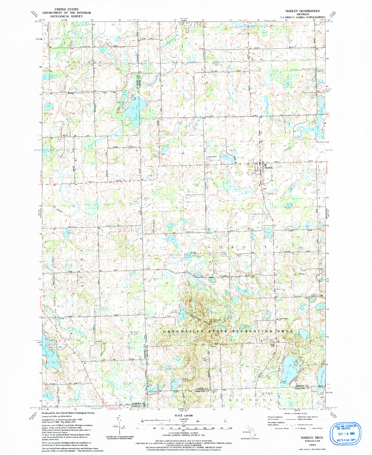 USGS 1:24000-SCALE QUADRANGLE FOR HADLEY, MI 1991