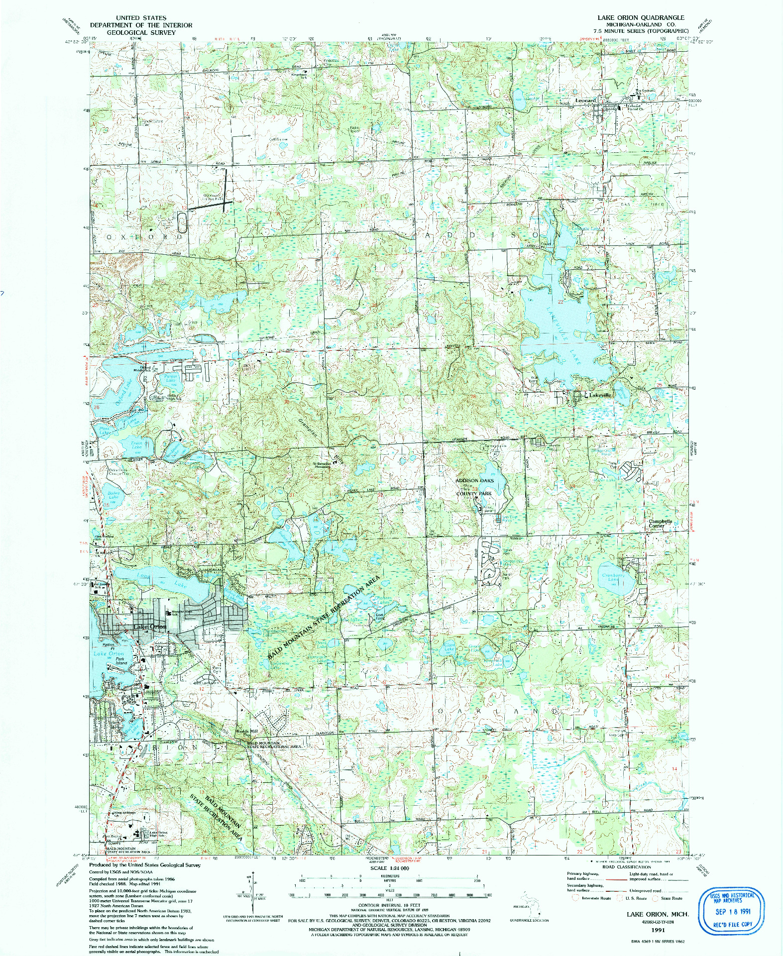 USGS 1:24000-SCALE QUADRANGLE FOR LAKE ORION, MI 1991
