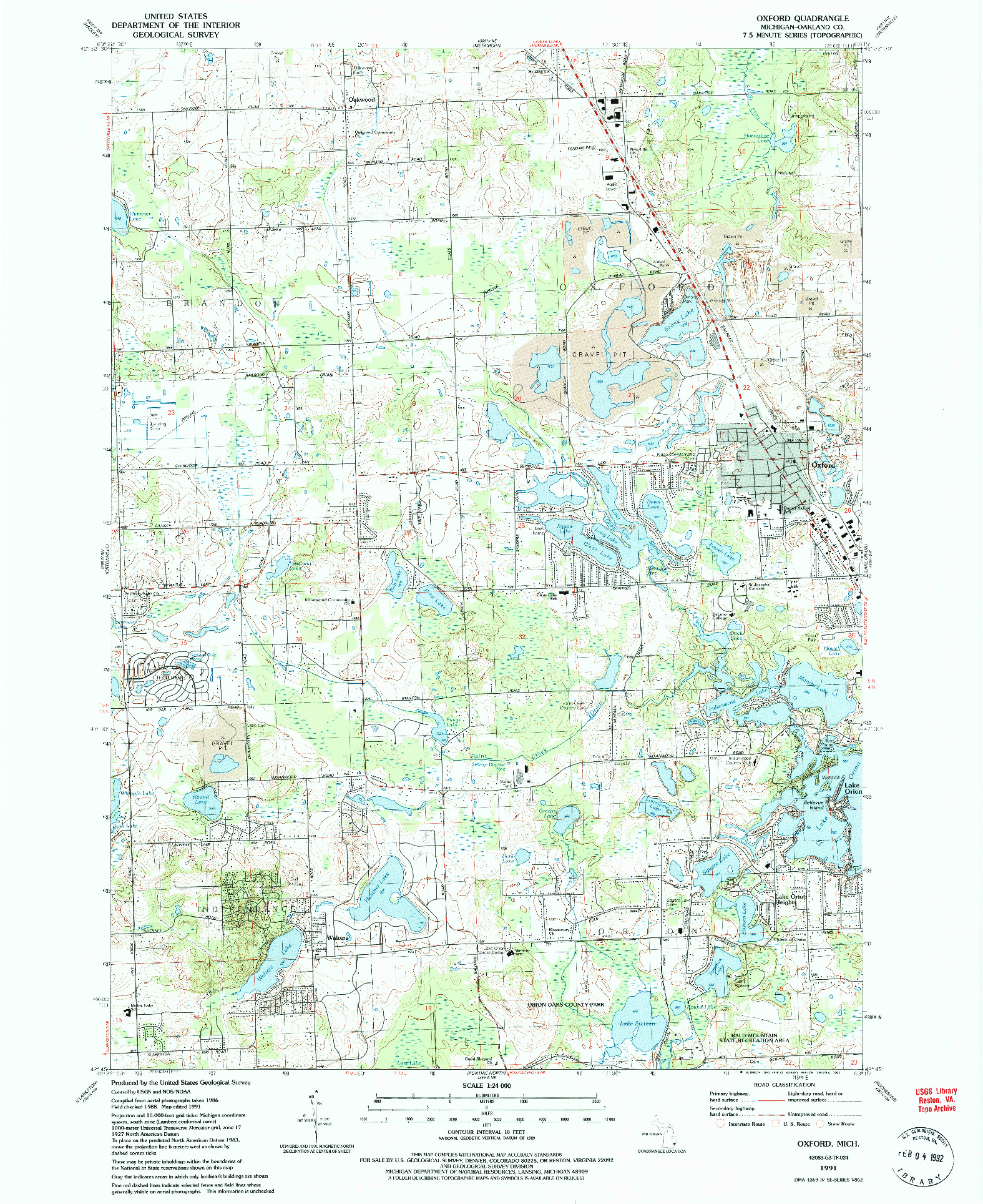 USGS 1:24000-SCALE QUADRANGLE FOR OXFORD, MI 1991