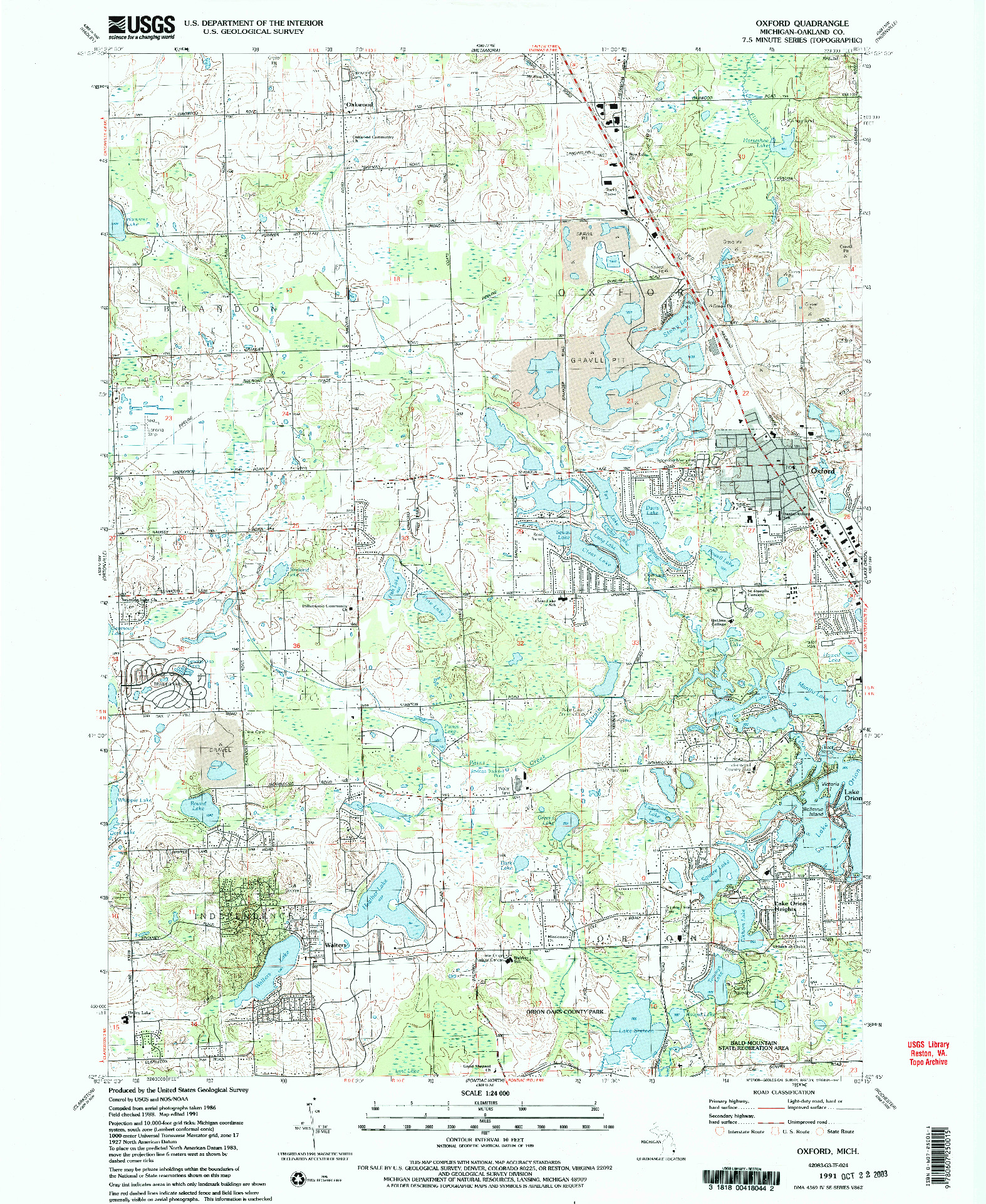 USGS 1:24000-SCALE QUADRANGLE FOR OXFORD, MI 1991