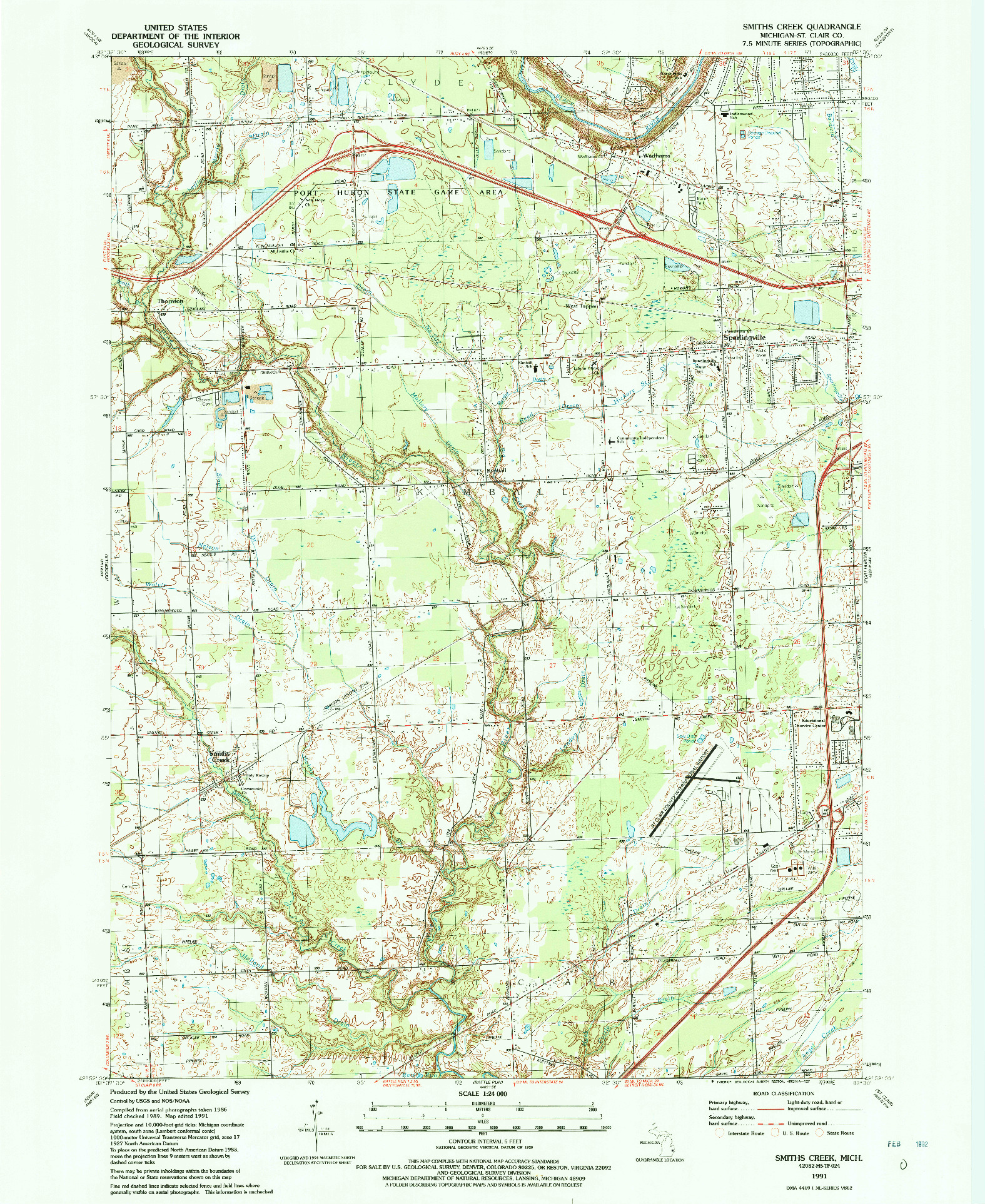 USGS 1:24000-SCALE QUADRANGLE FOR SMITHS CREEK, MI 1991