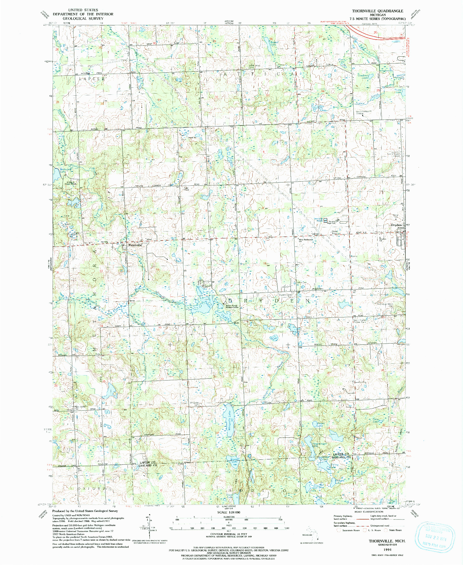USGS 1:24000-SCALE QUADRANGLE FOR THORNVILLE, MI 1991