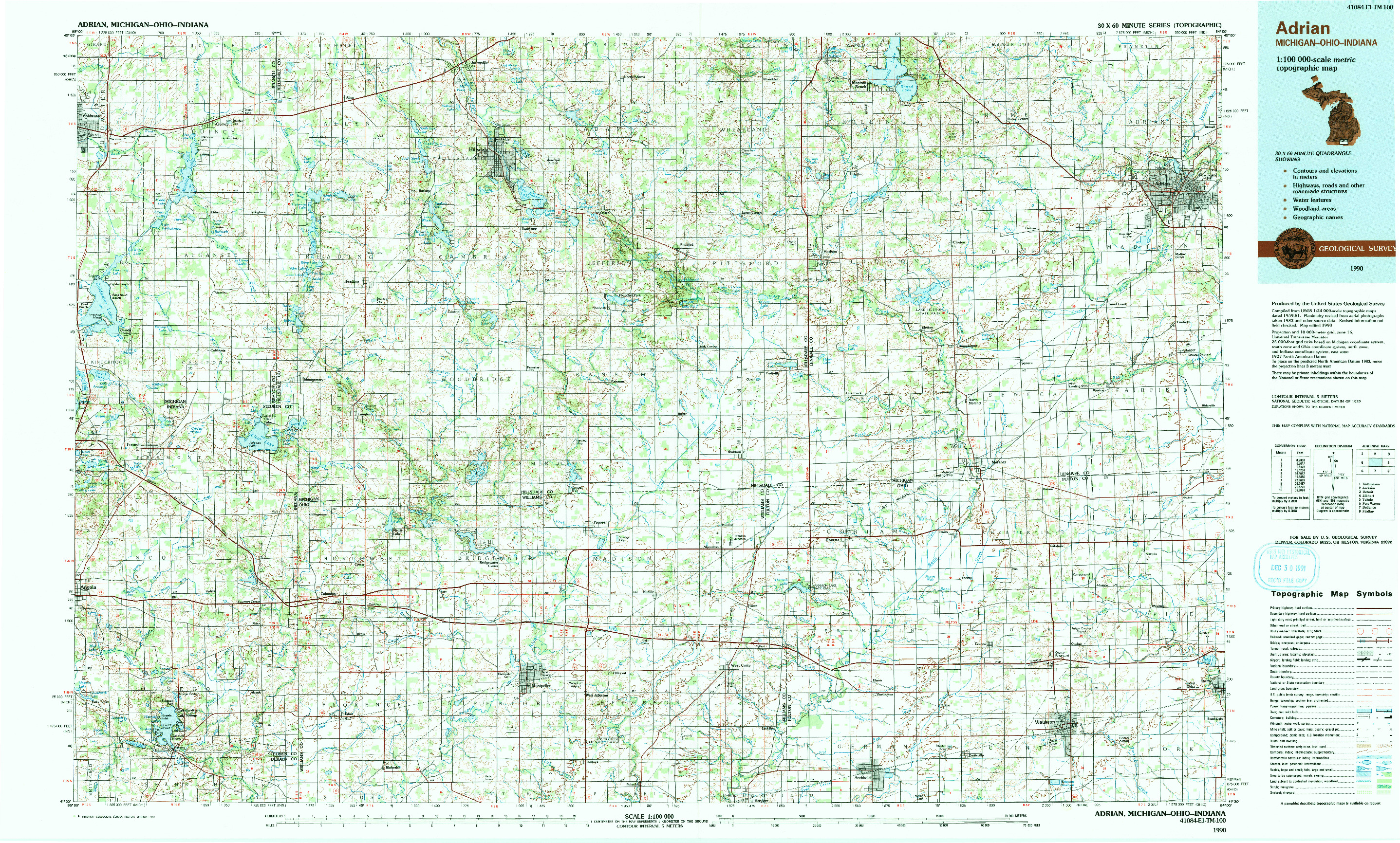 USGS 1:100000-SCALE QUADRANGLE FOR ADRIAN, MI 1990