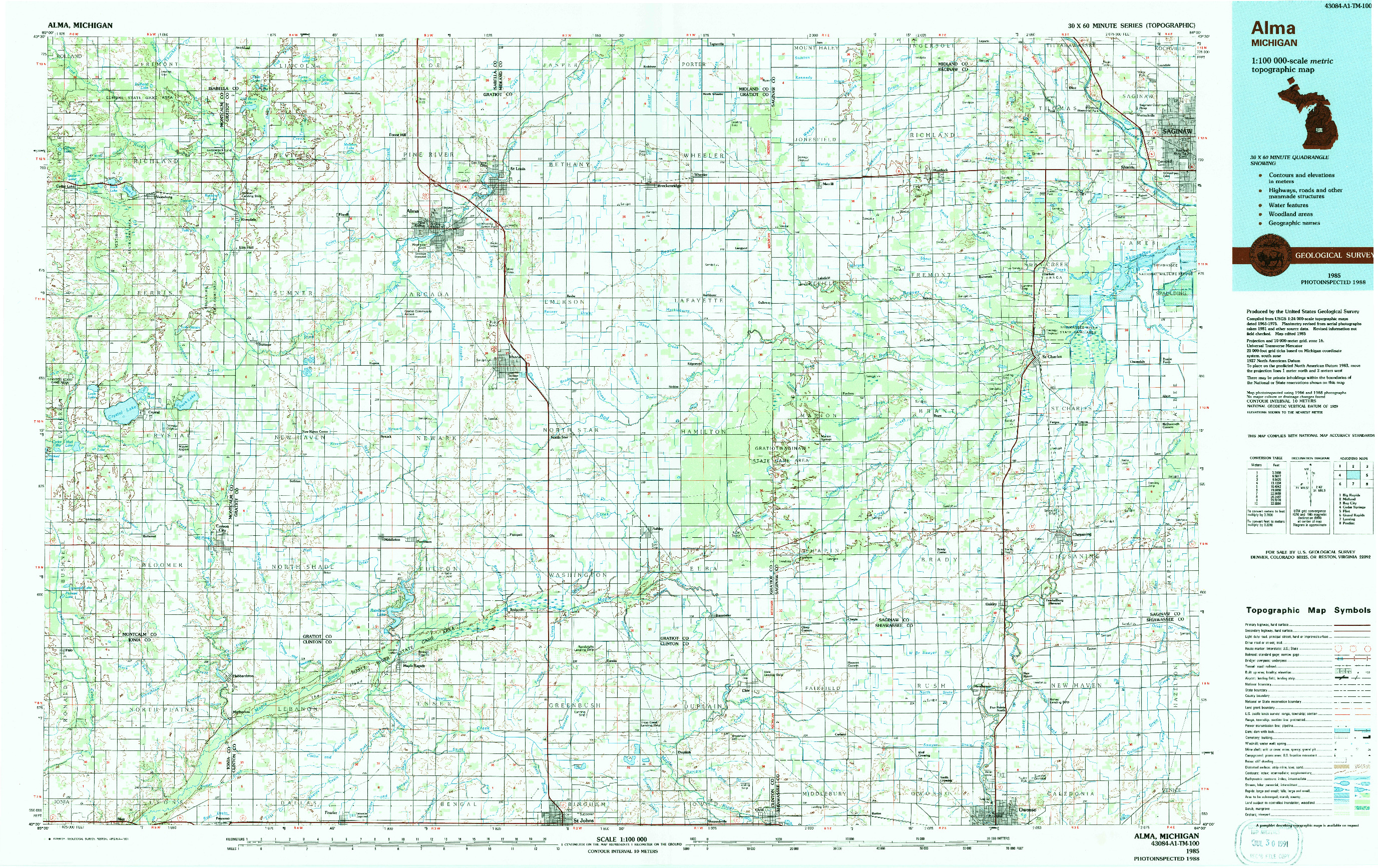 USGS 1:100000-SCALE QUADRANGLE FOR ALMA, MI 1985