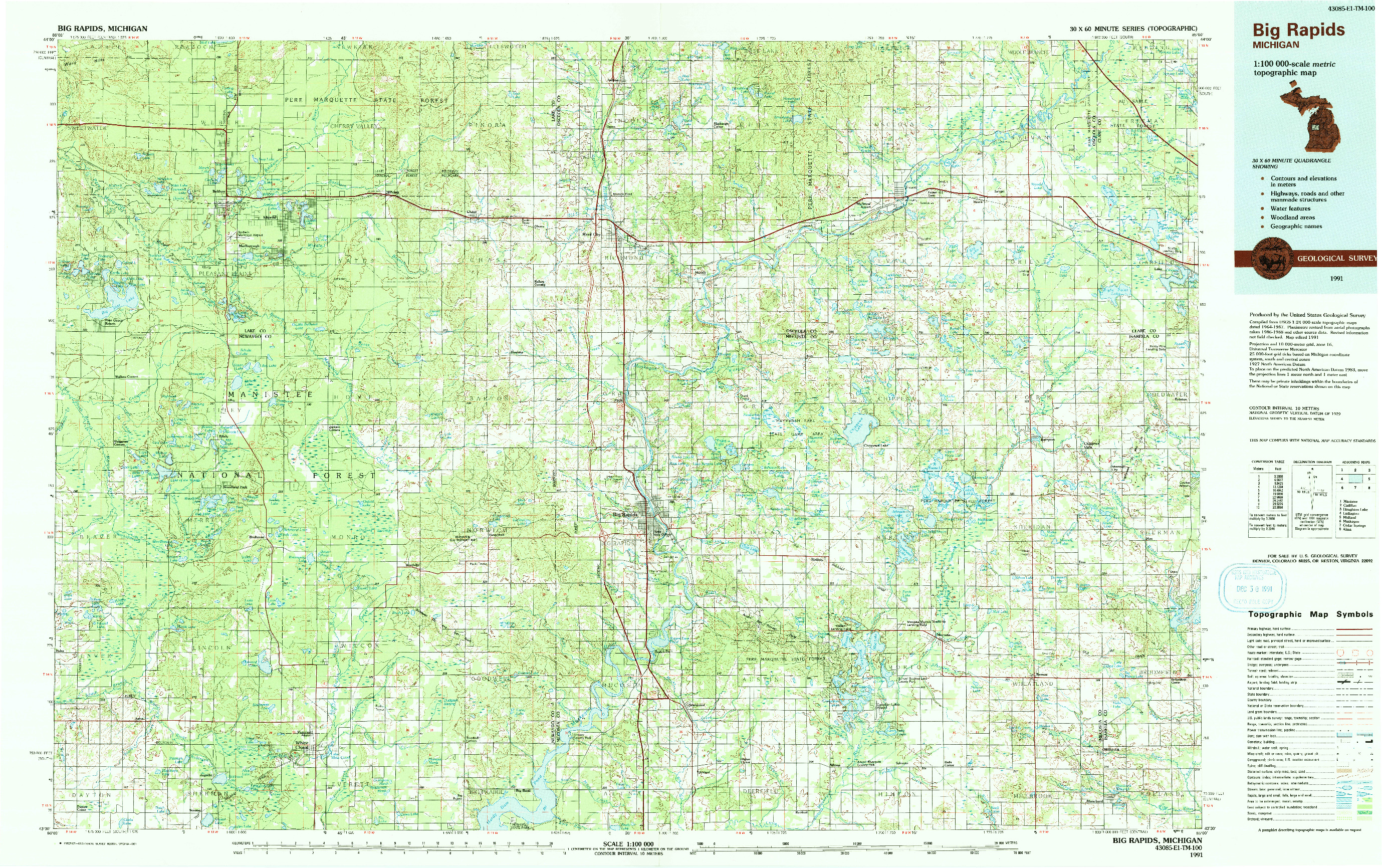 USGS 1:100000-SCALE QUADRANGLE FOR BIG RAPIDS, MI 1991