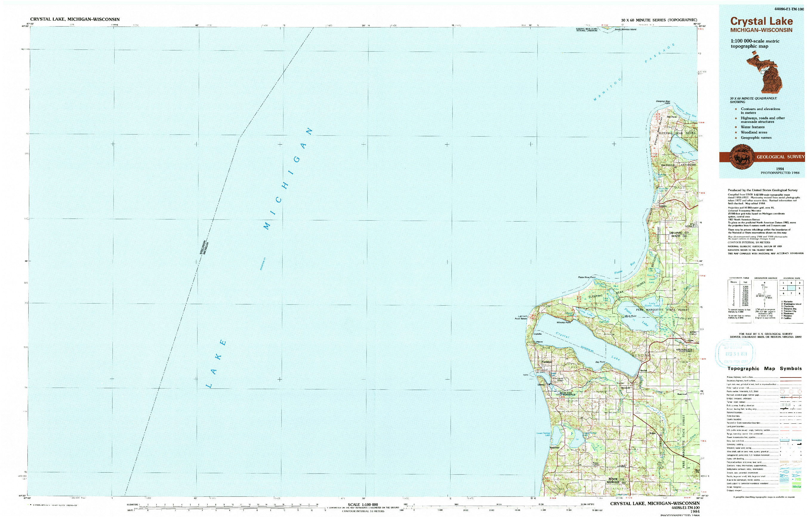 USGS 1:100000-SCALE QUADRANGLE FOR CRYSTAL LAKE, MI 1984