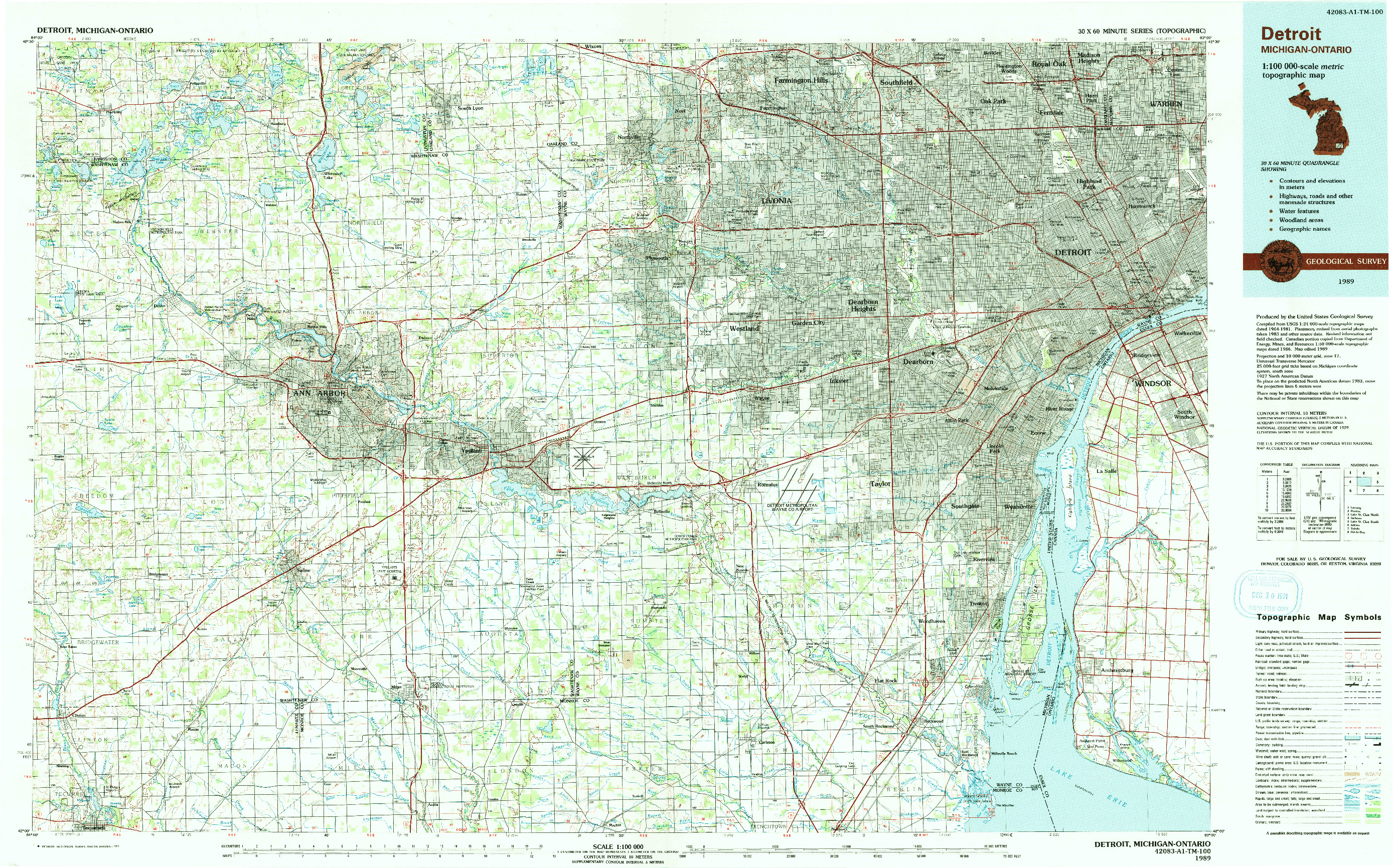 USGS 1:100000-SCALE QUADRANGLE FOR DETROIT, MI 1989