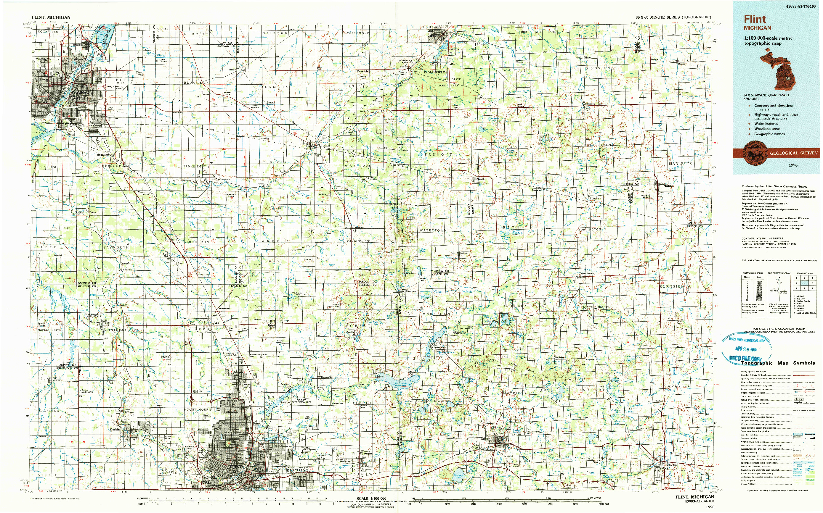 USGS 1:100000-SCALE QUADRANGLE FOR FLINT, MI 1990