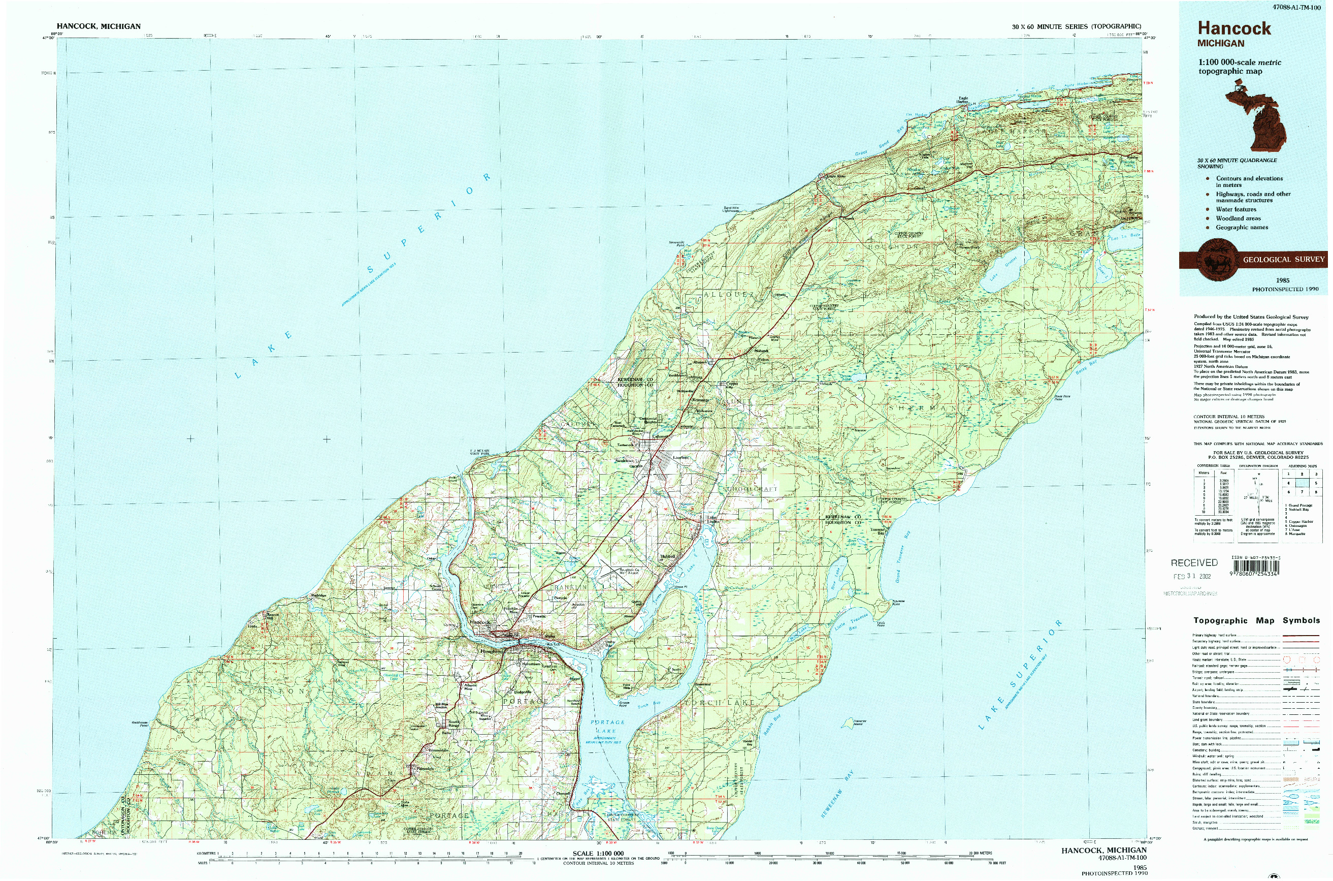 USGS 1:100000-SCALE QUADRANGLE FOR HANCOCK, MI 1985