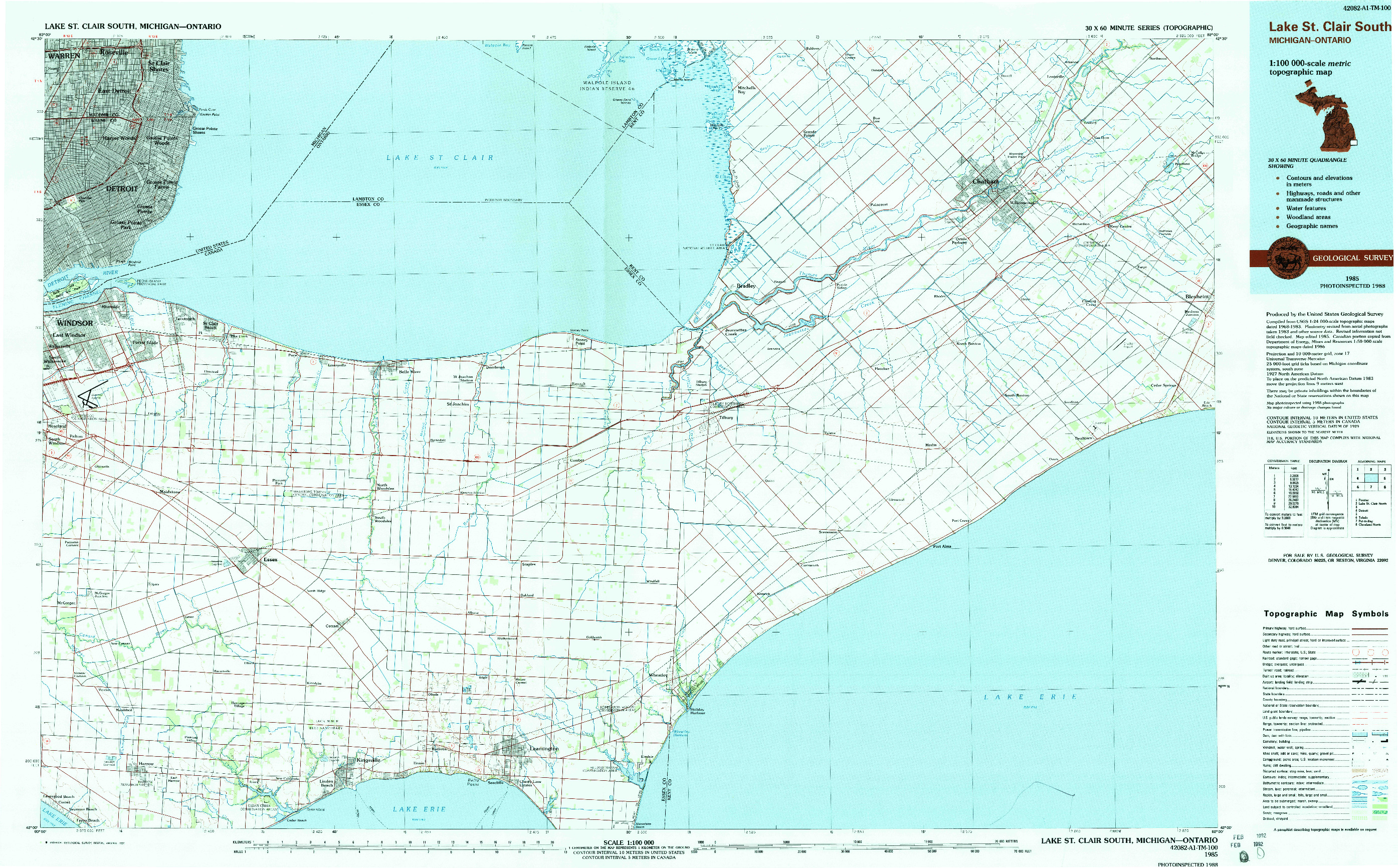 USGS 1:100000-SCALE QUADRANGLE FOR LAKE ST. CLAIR SOUTH, MI 1985